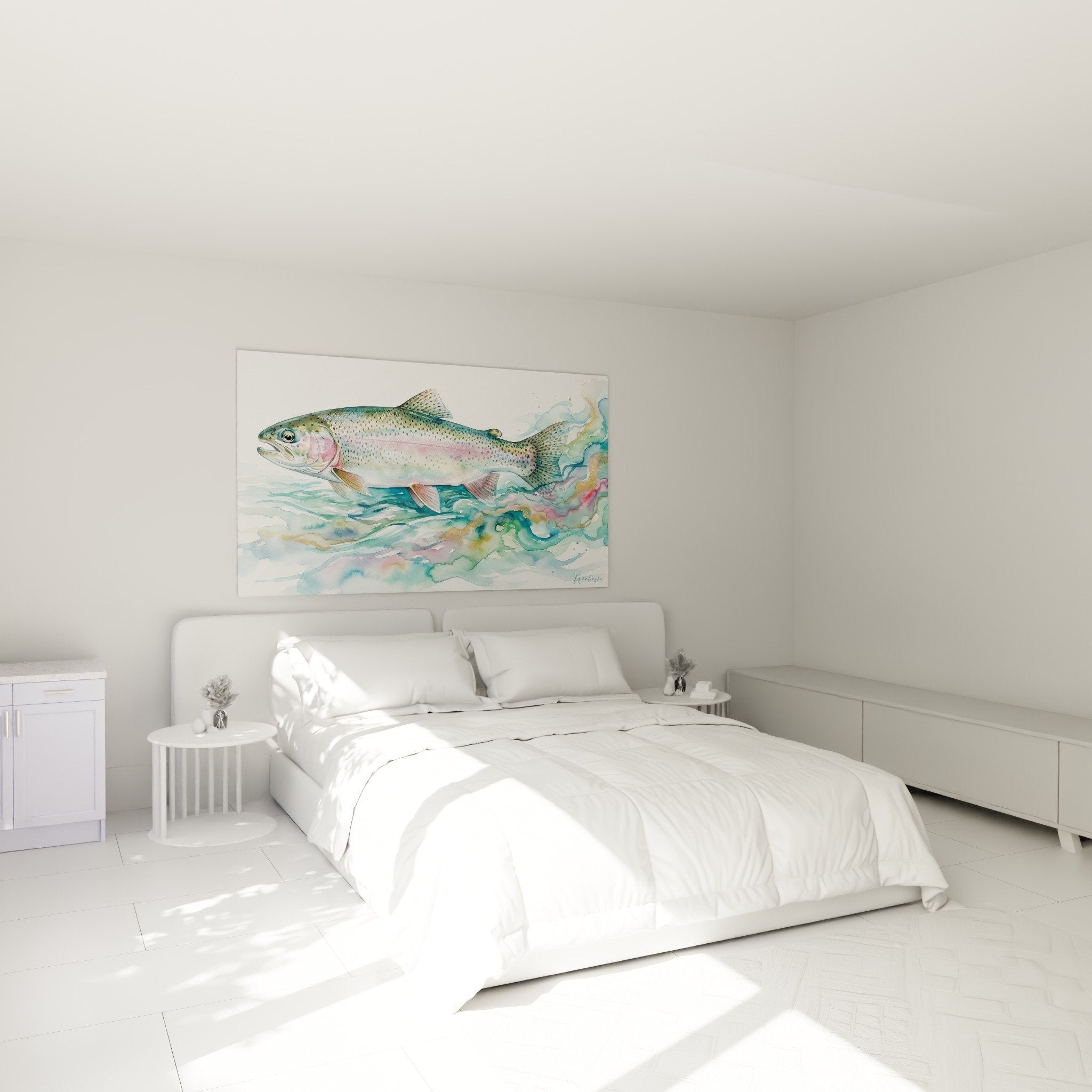 Schlafzimmer Dekoration Forelle Aquarellbild natürliche beruhigende Atmosphäre Fischerei Fluss