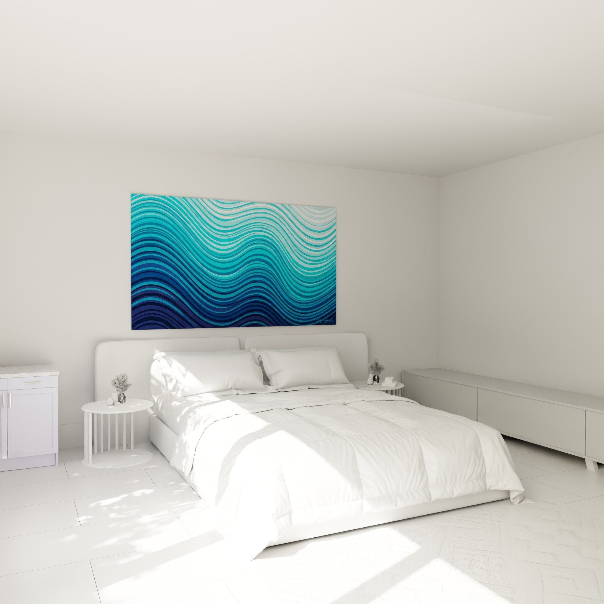 Decoration murale chambre vagues bleues geometriques apaisantes ondulations turquoise
