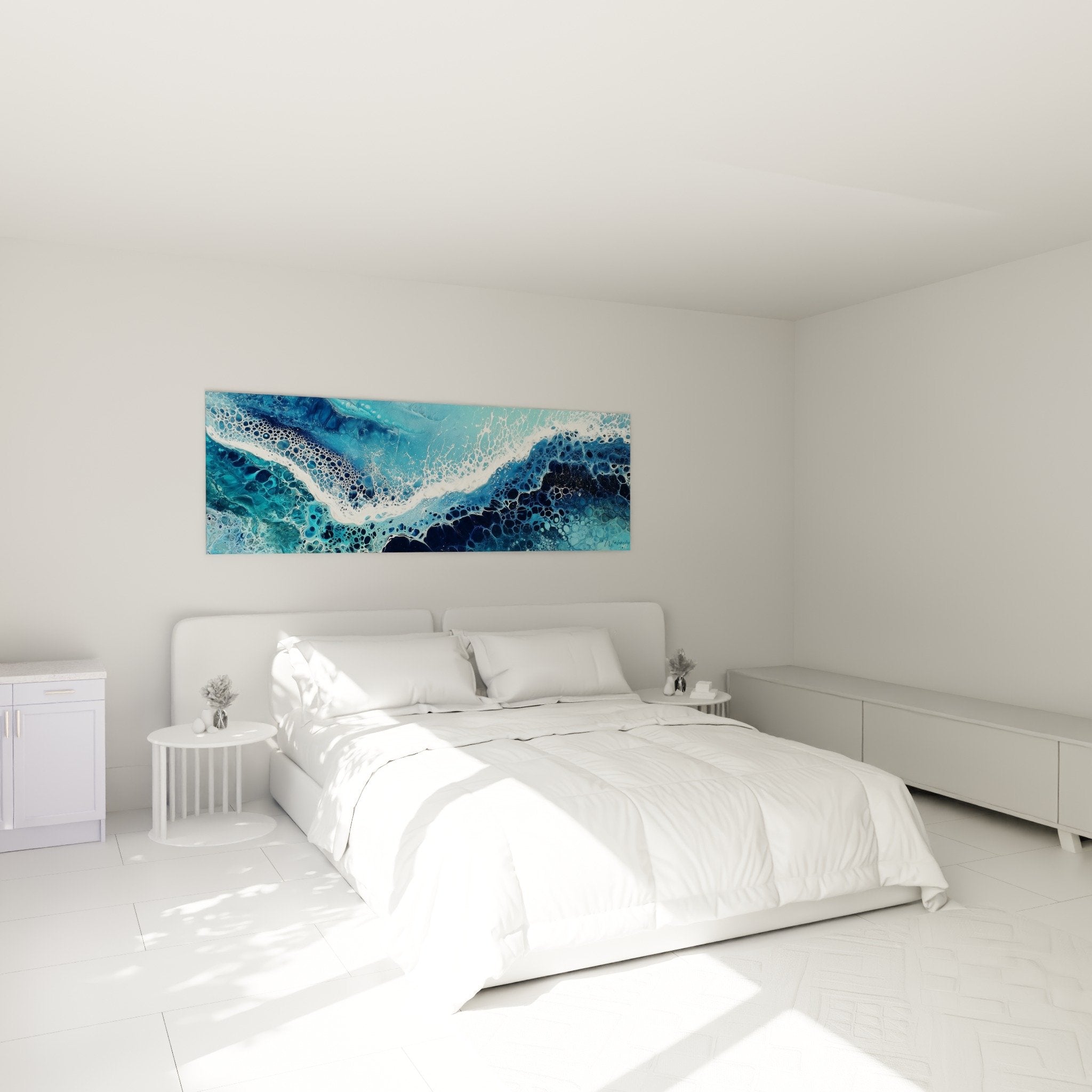 Marine wave wall decoration calm bedroom turquoise blue feng shui north water