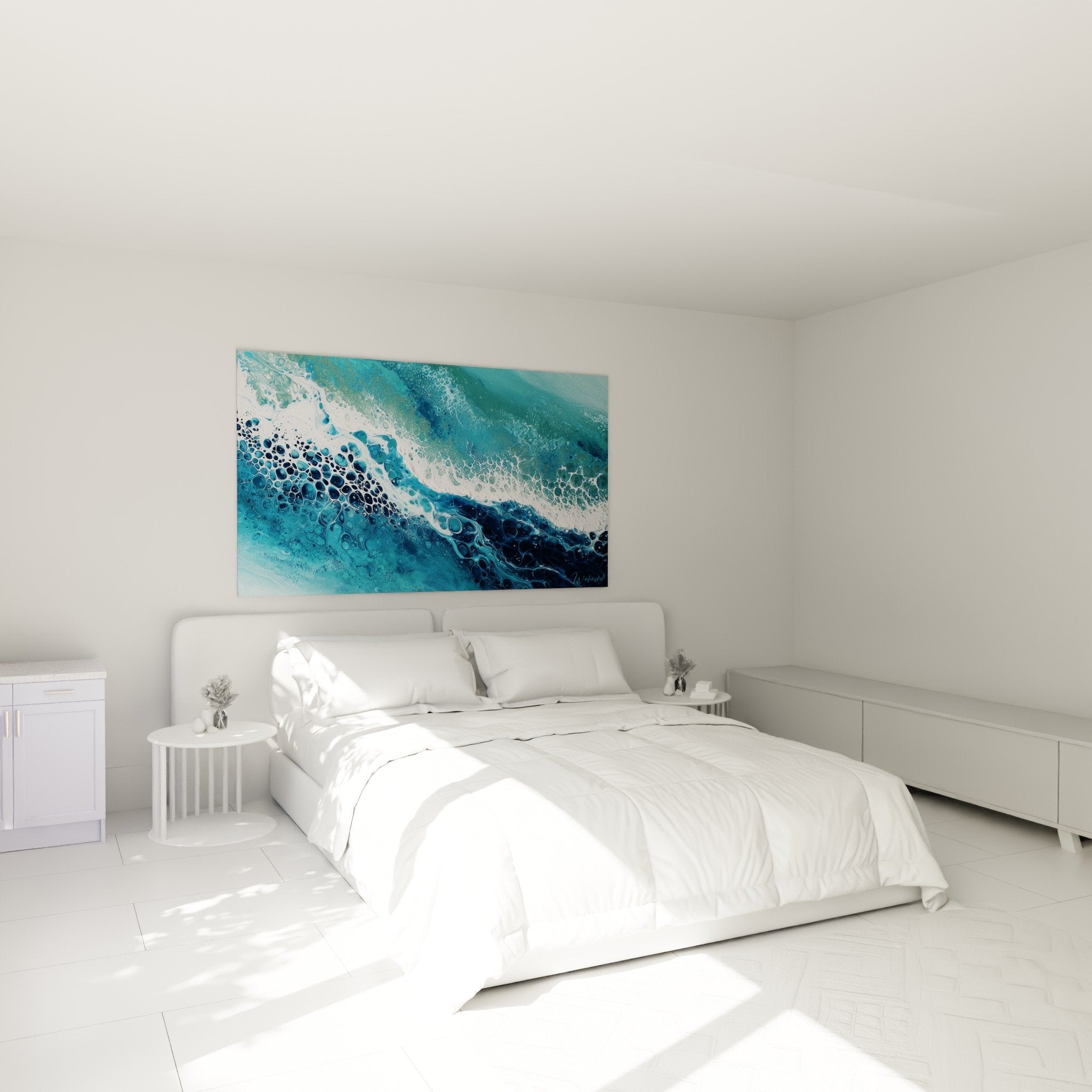 Deco chambre tableau vagues oceaniques turquoise blanc ambiance zen feng shui nord eau