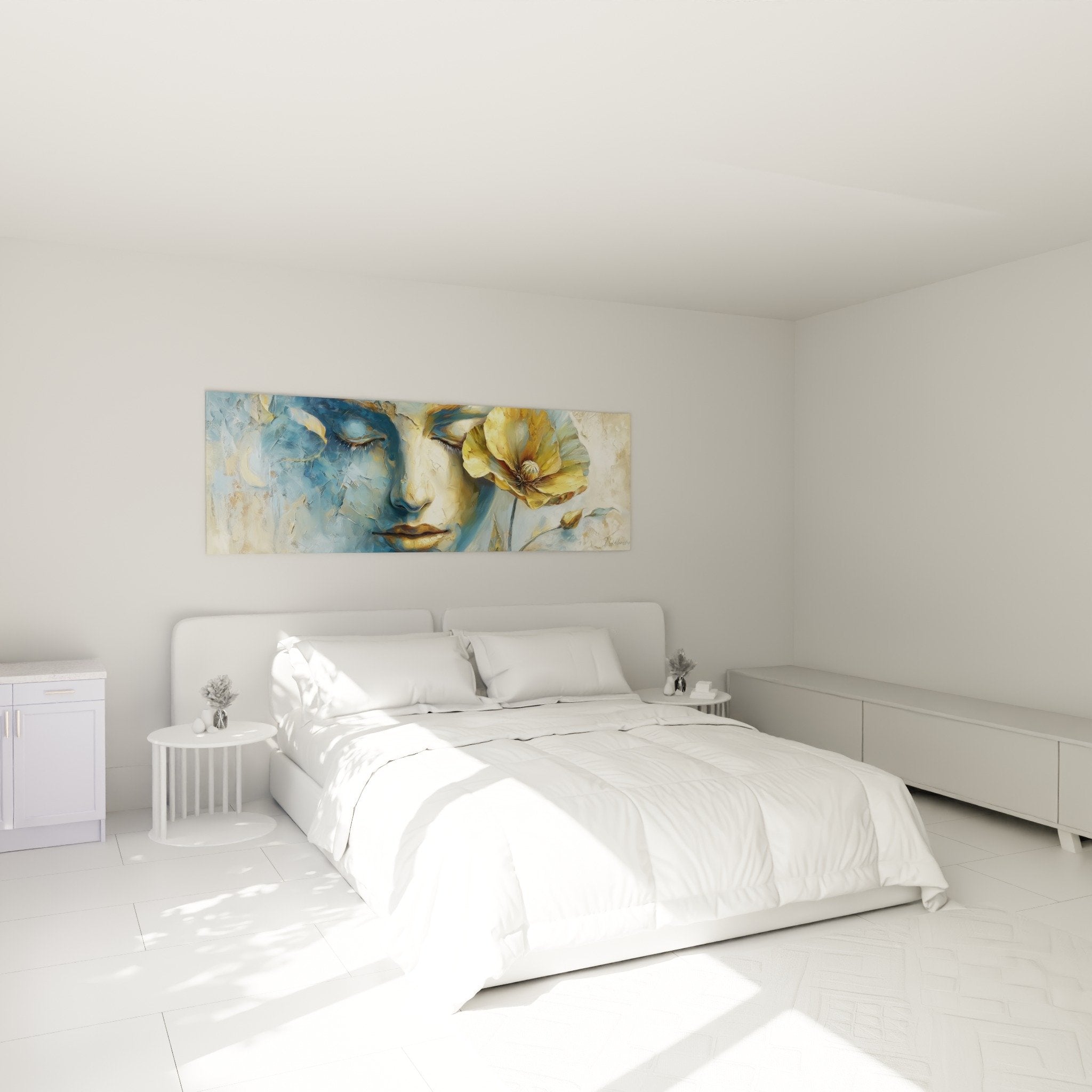 Wall decoration bedroom feminine face blue gold poppy flower serene ambiance