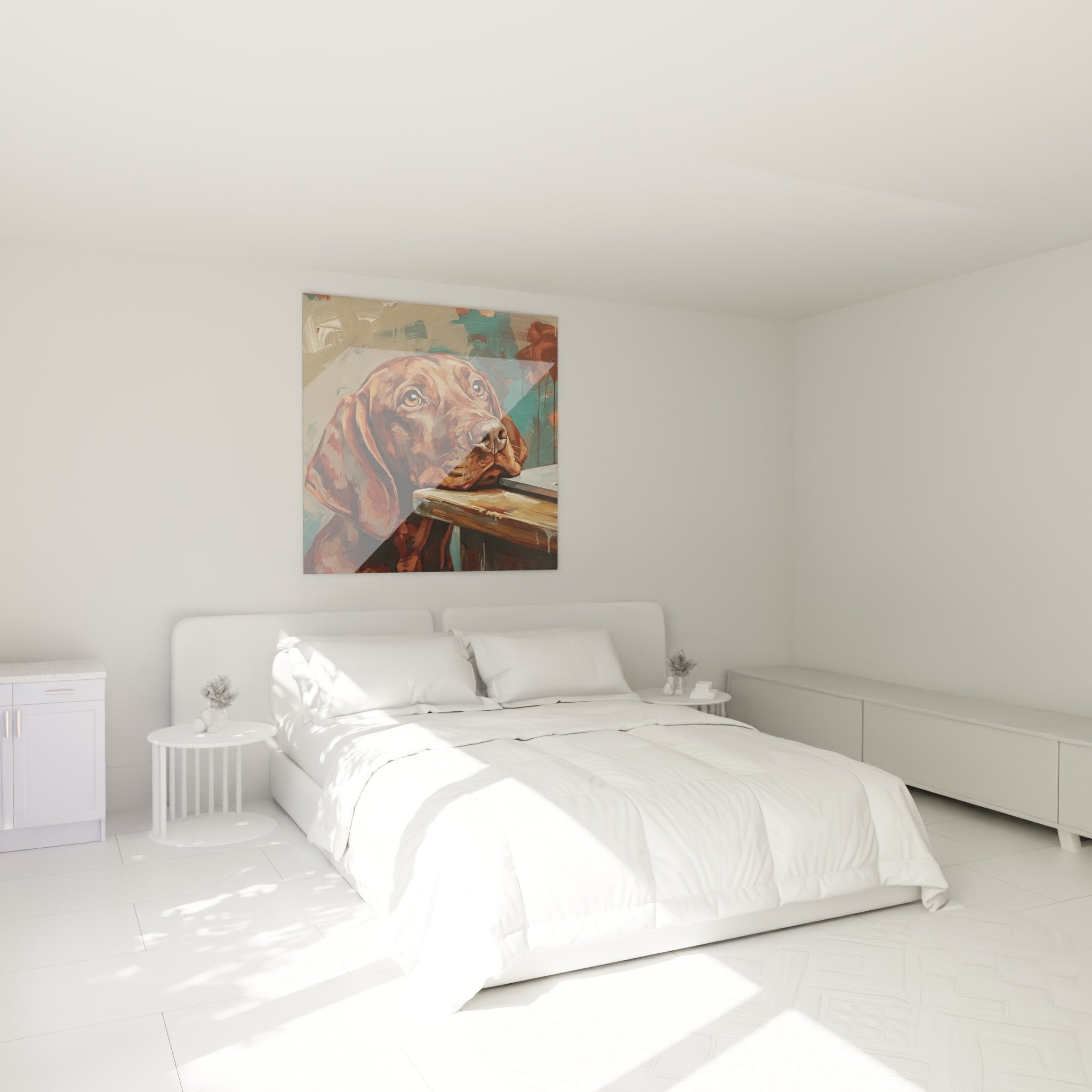 Décoration murale chien roux Vizsla dans chambre moderne, regard mélancolique et palette chaude