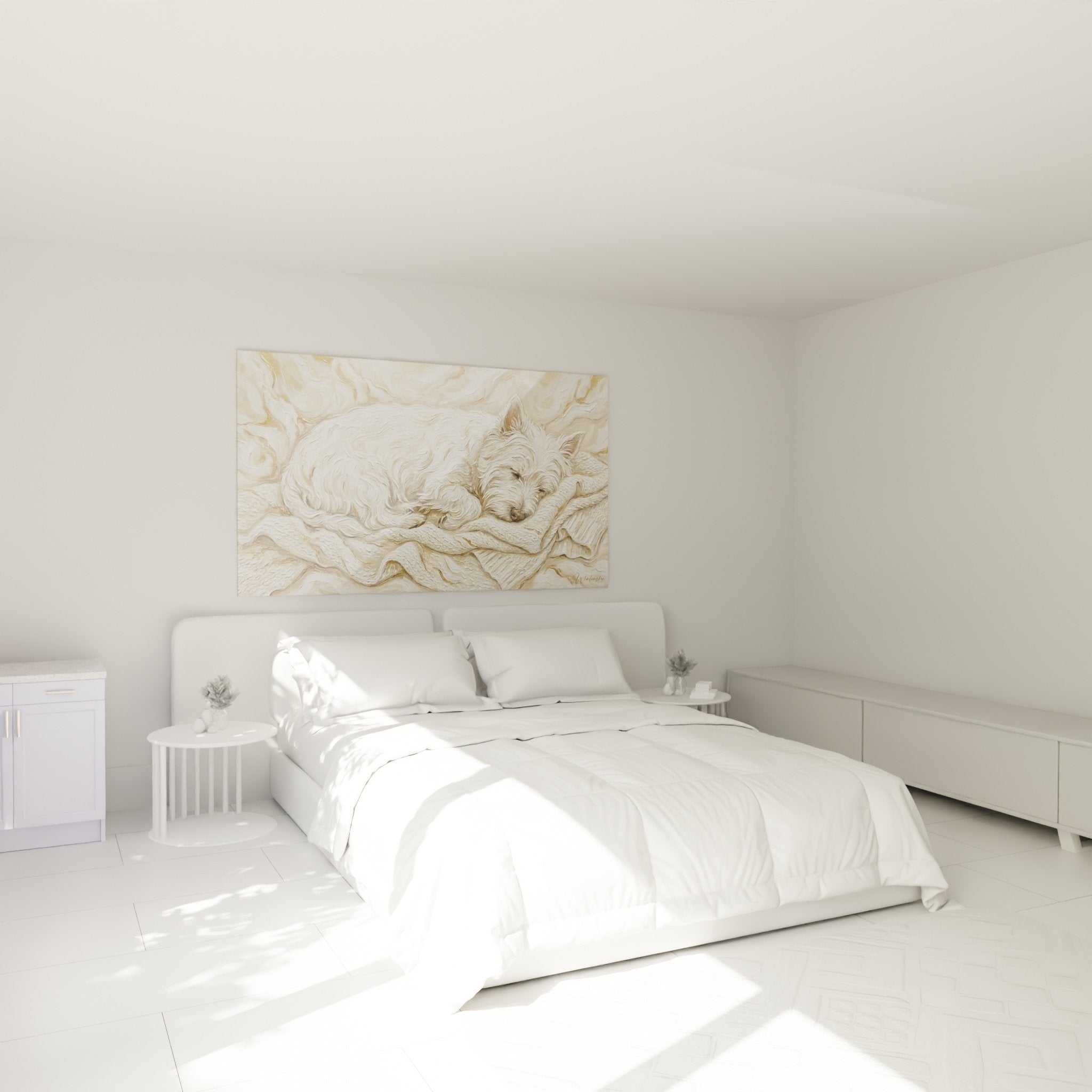 Deco chambre tableau chien West Highland White Terrier endormi ambiance douce beige
