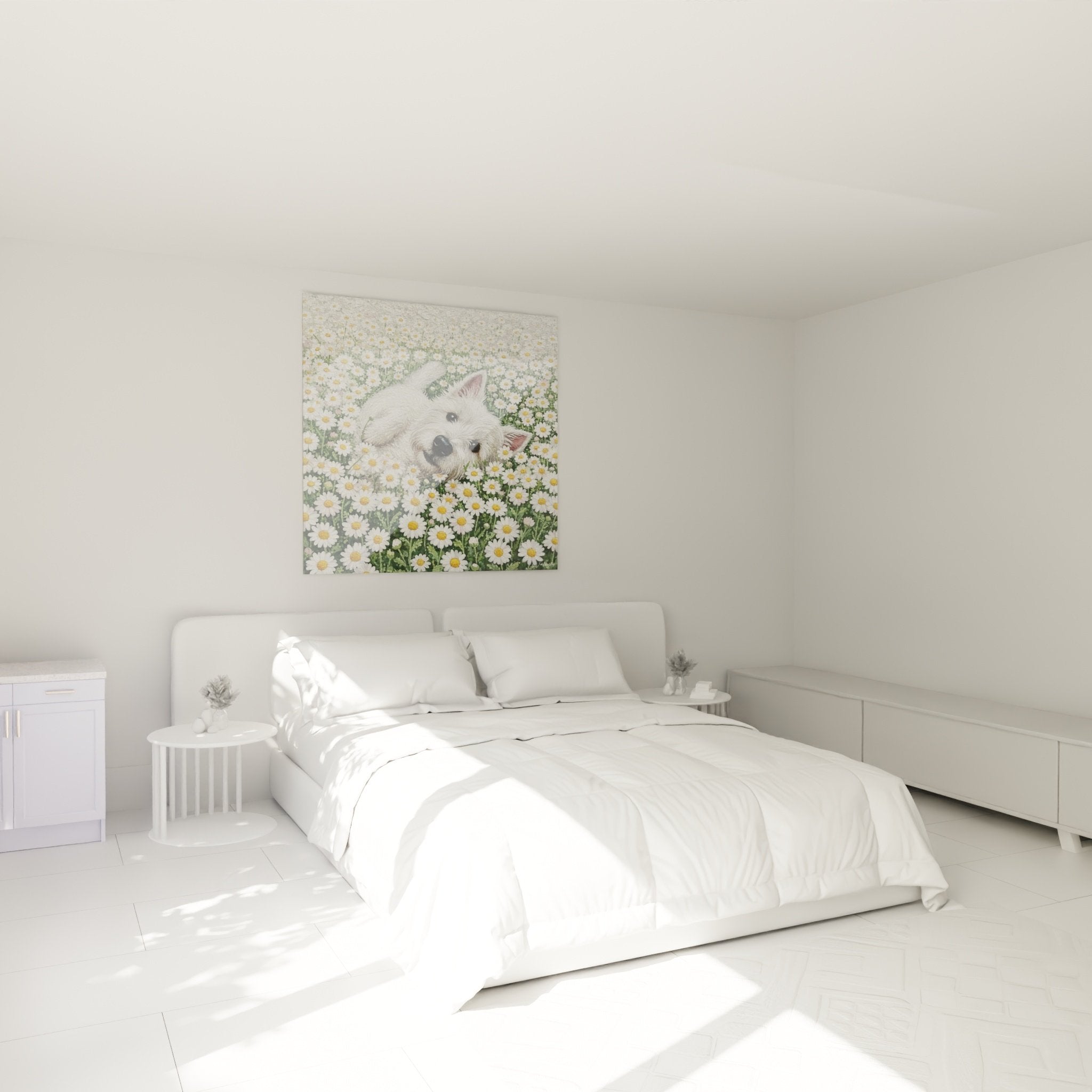 Gemälde West Highland White Terrier Gänseblümchen in modernem Schlafzimmer mit weißer Wand und natürlichen Möbeln
