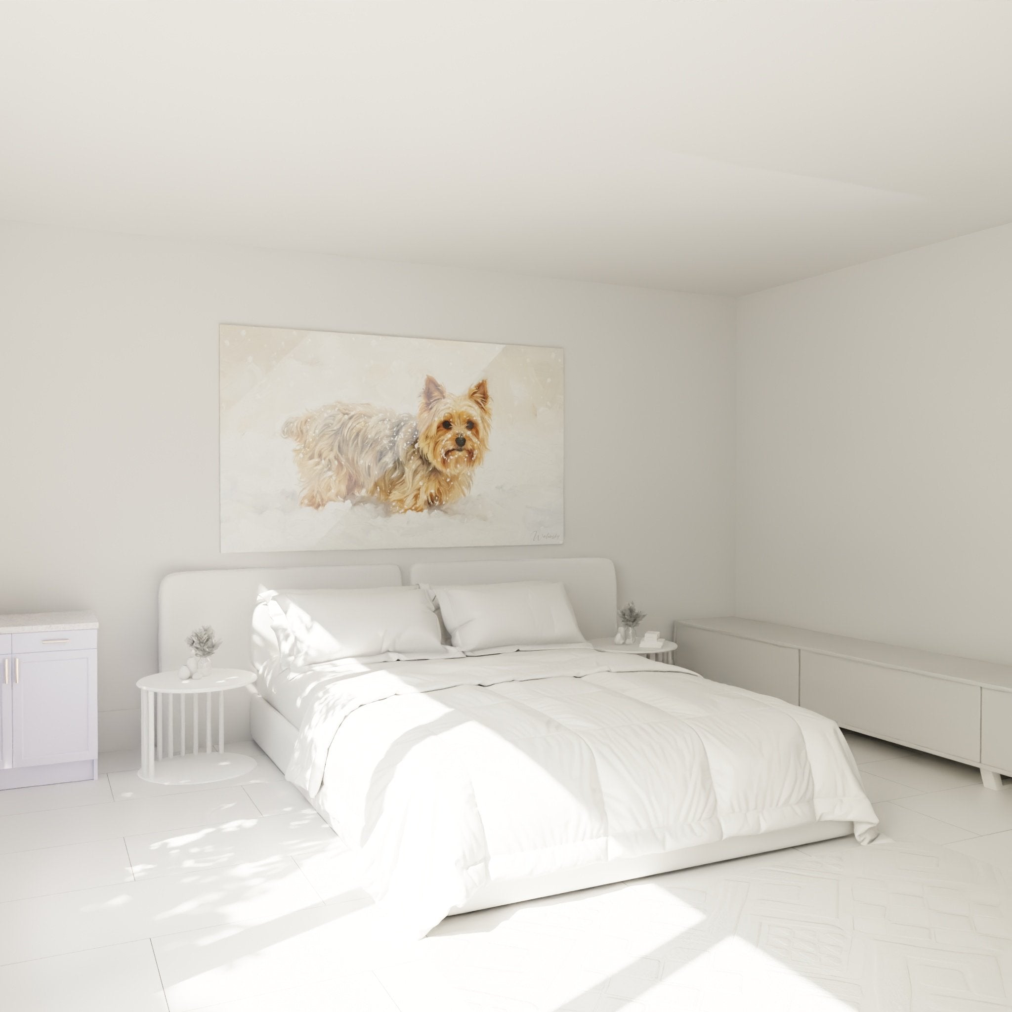 Yorkshire Terrier Snow Wall Art decorating a modern bedroom with neutral tones and natural wood furniture