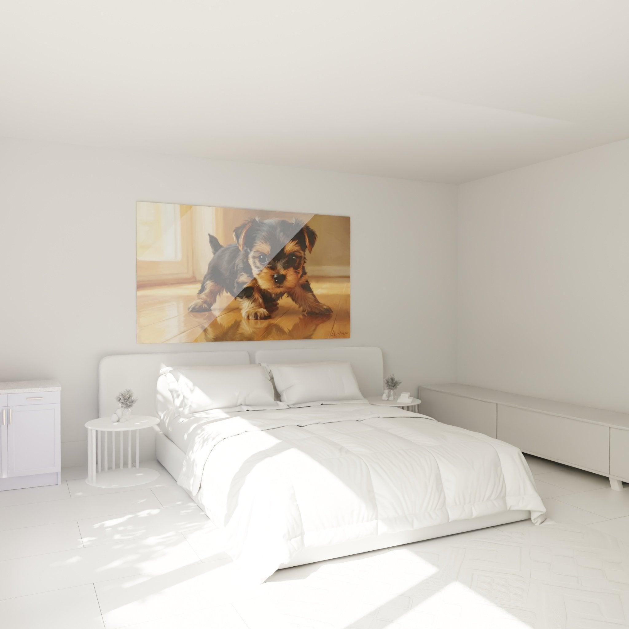 Décoration chambre avec tableau Yorkshire Terrier chiot aux couleurs chaudes sur mur beige