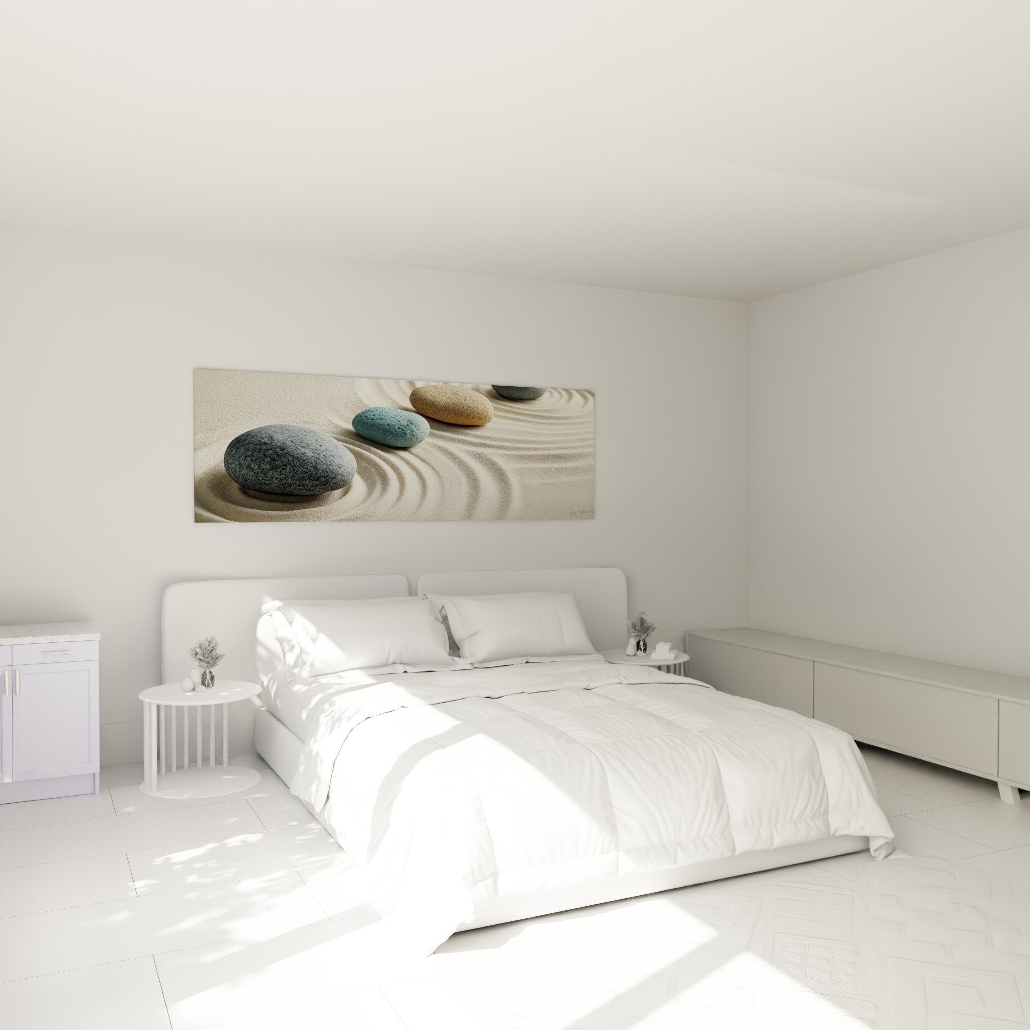 Decoration chambre zen avec tableau galets sable dore ambiance sereine et reposante