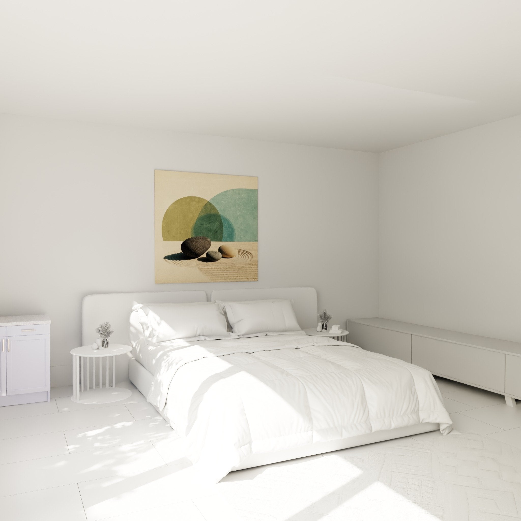 decoration murale zen chambre galets sable cercles turquoise ambiance apaisante minérale
