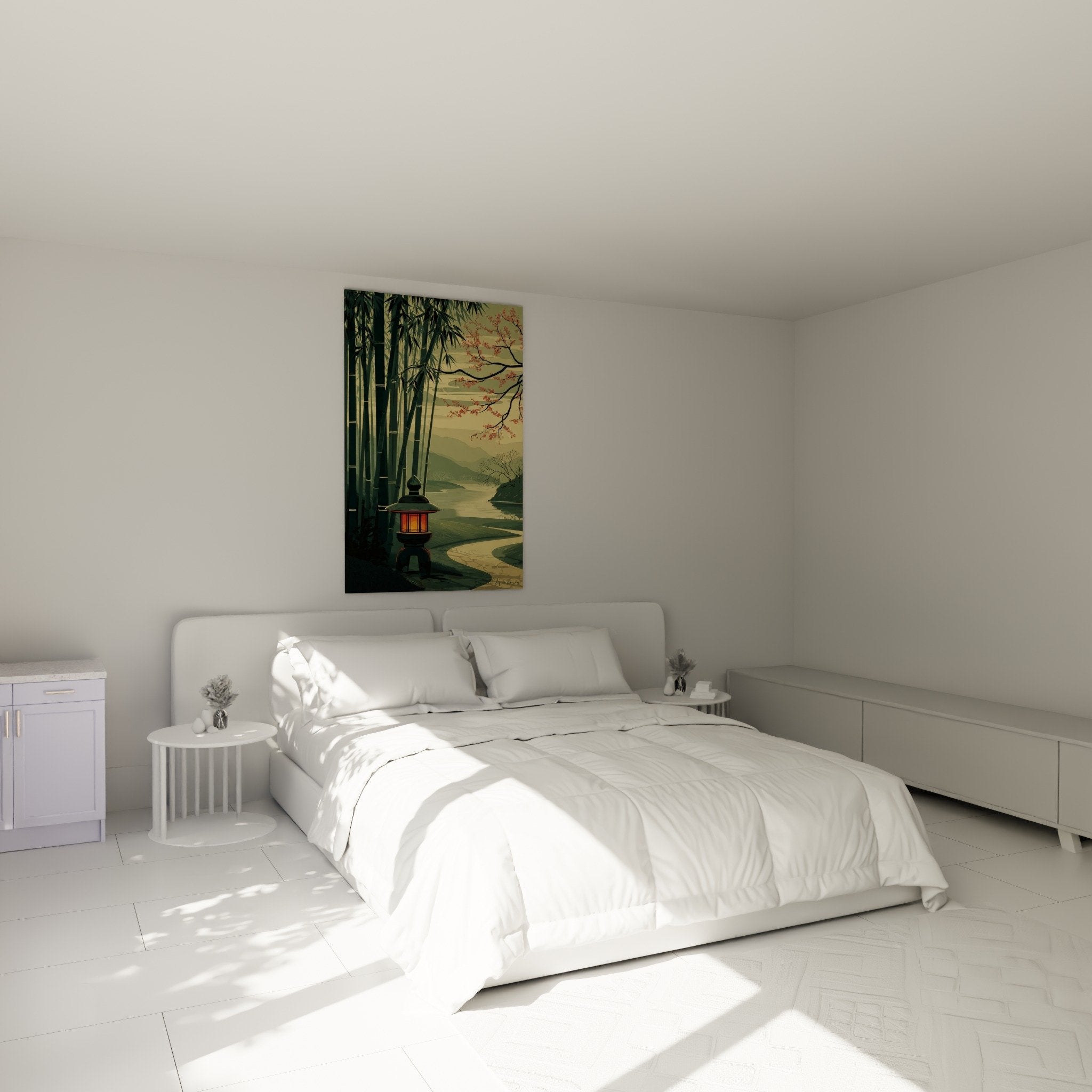 Zen bedroom ambiance with Japanese lantern wall art in golden and green tones, soothing oriental décor
