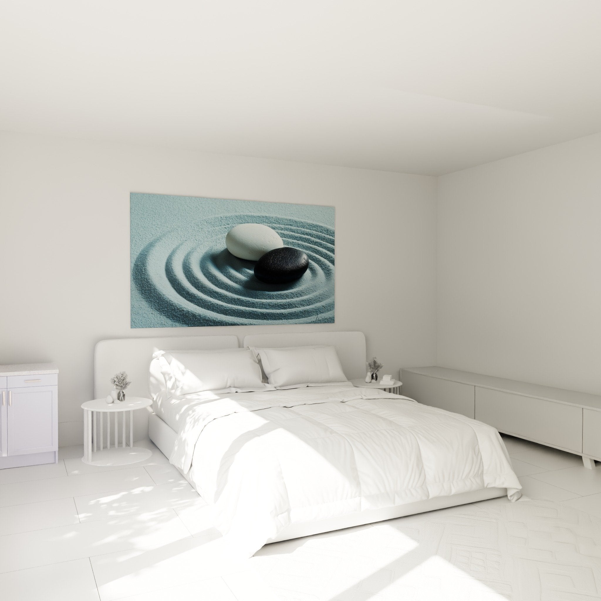 Decoration chambre zen avec tableau pierres equilibre sable cercles pour ambiance apaisante