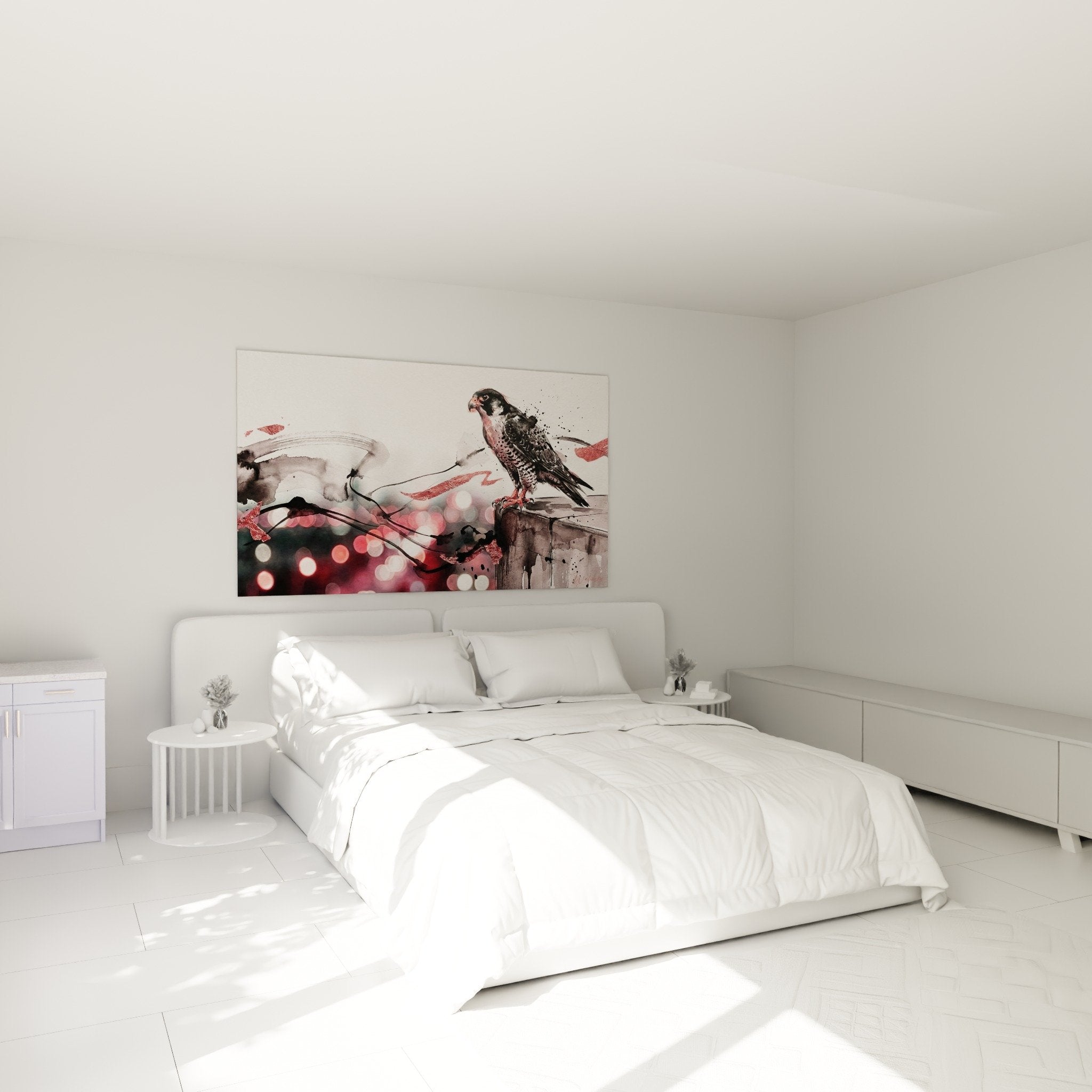 Decoration murale faucon chambre moderne aquarelle rose noir ambiance contemporaine elegante