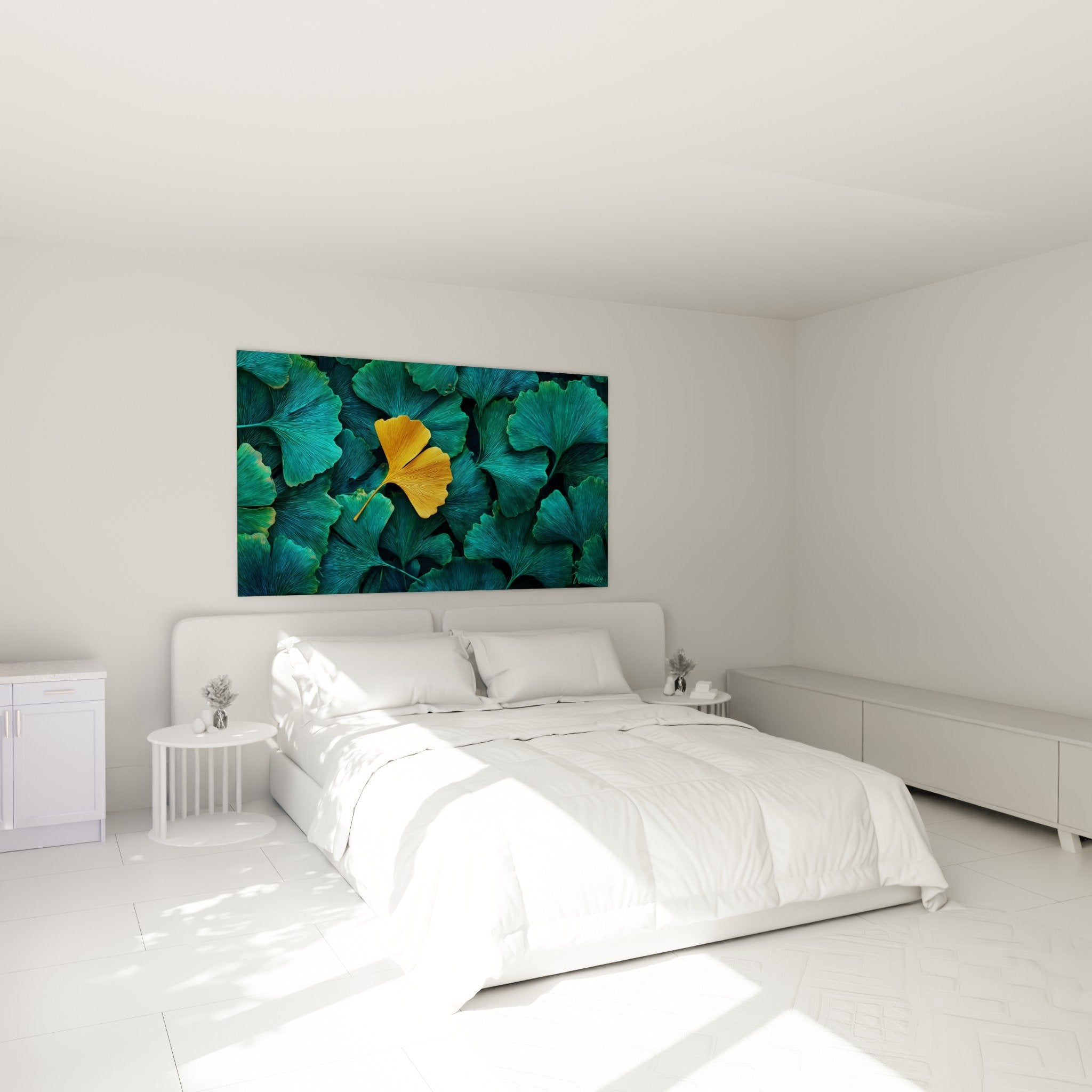 Decoration murale ginkgo feuille doree turquoise ambiance chambre zen scandinave art botanique apaisant moderne