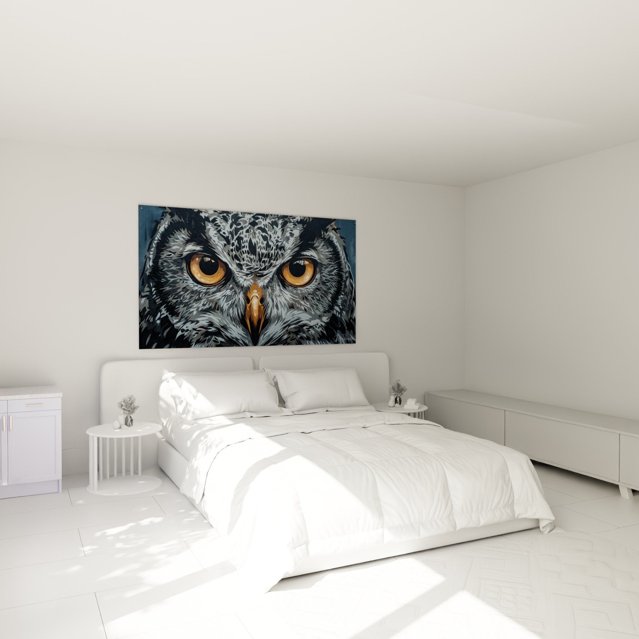 Decoration murale hibou street art pochoir chambre moderne mur blanc ambiance contemporaine