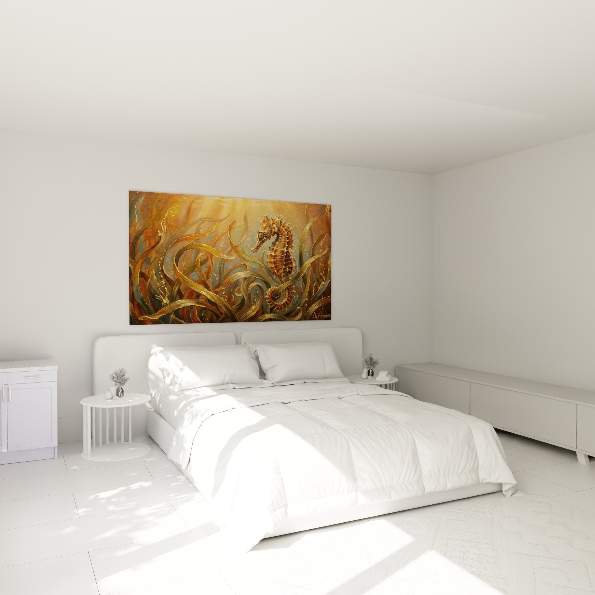 Décoration murale hippocampe doré chambre ambiance marine apaisante tons chauds