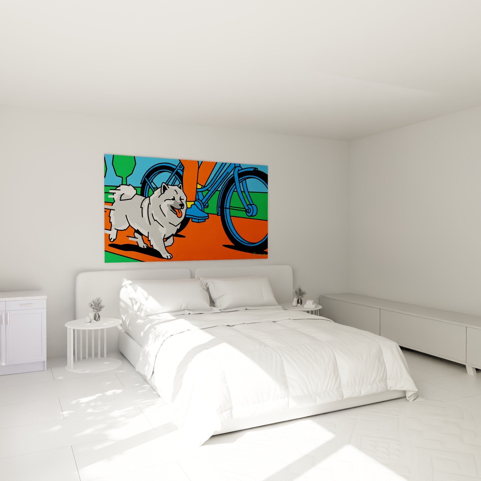 Wanddekoration fröhlicher Keeshond Orange Blau im modernen Schlafzimmer farbenfrohe Atmosphäre