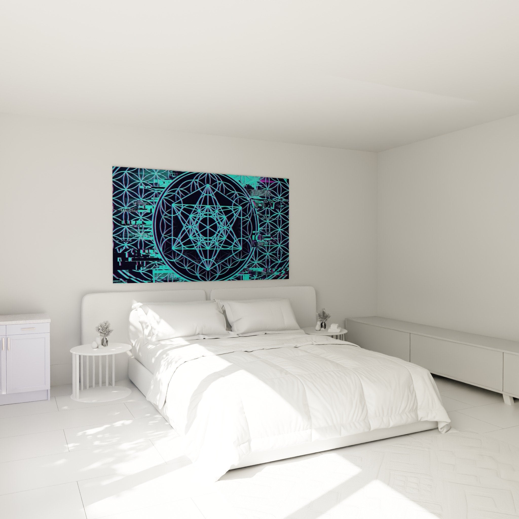 Décoration murale mandala turquoise et violet dans chambre moderne avec géométrie sacrée et effets digitaux