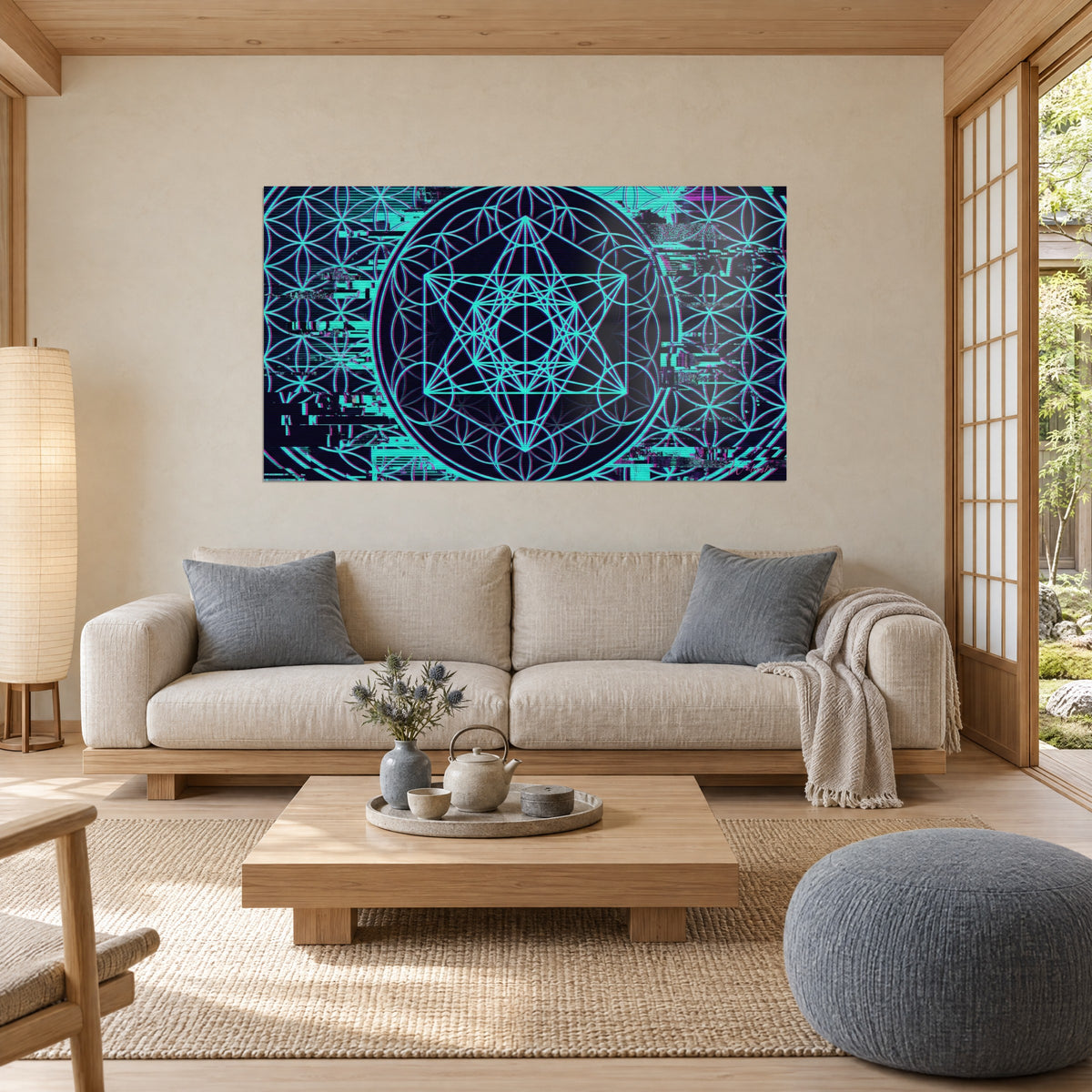 Wall art Metatron's cube in turquoise lines on a midnight blue background with violet patterns, above a sofa in a bright living room