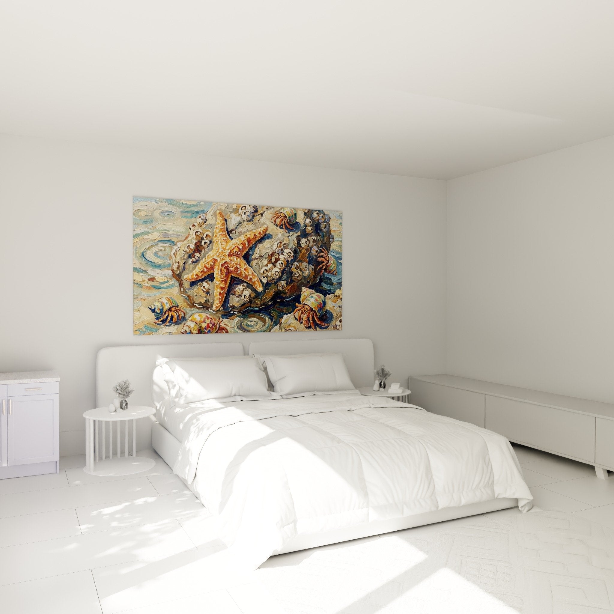 Tableau marin étoile de mer orange dans chambre ambiance bord de mer avec décoration aquatique naturelle