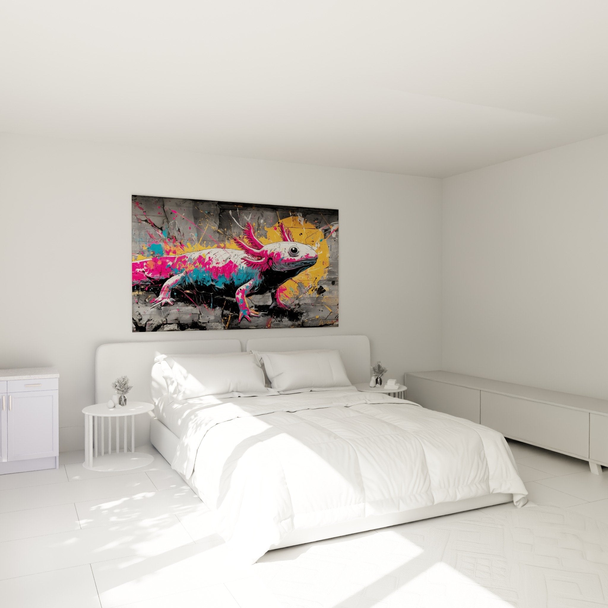 Décoration murale axolotl couleurs vives dans chambre moderne avec mobilier contemporain