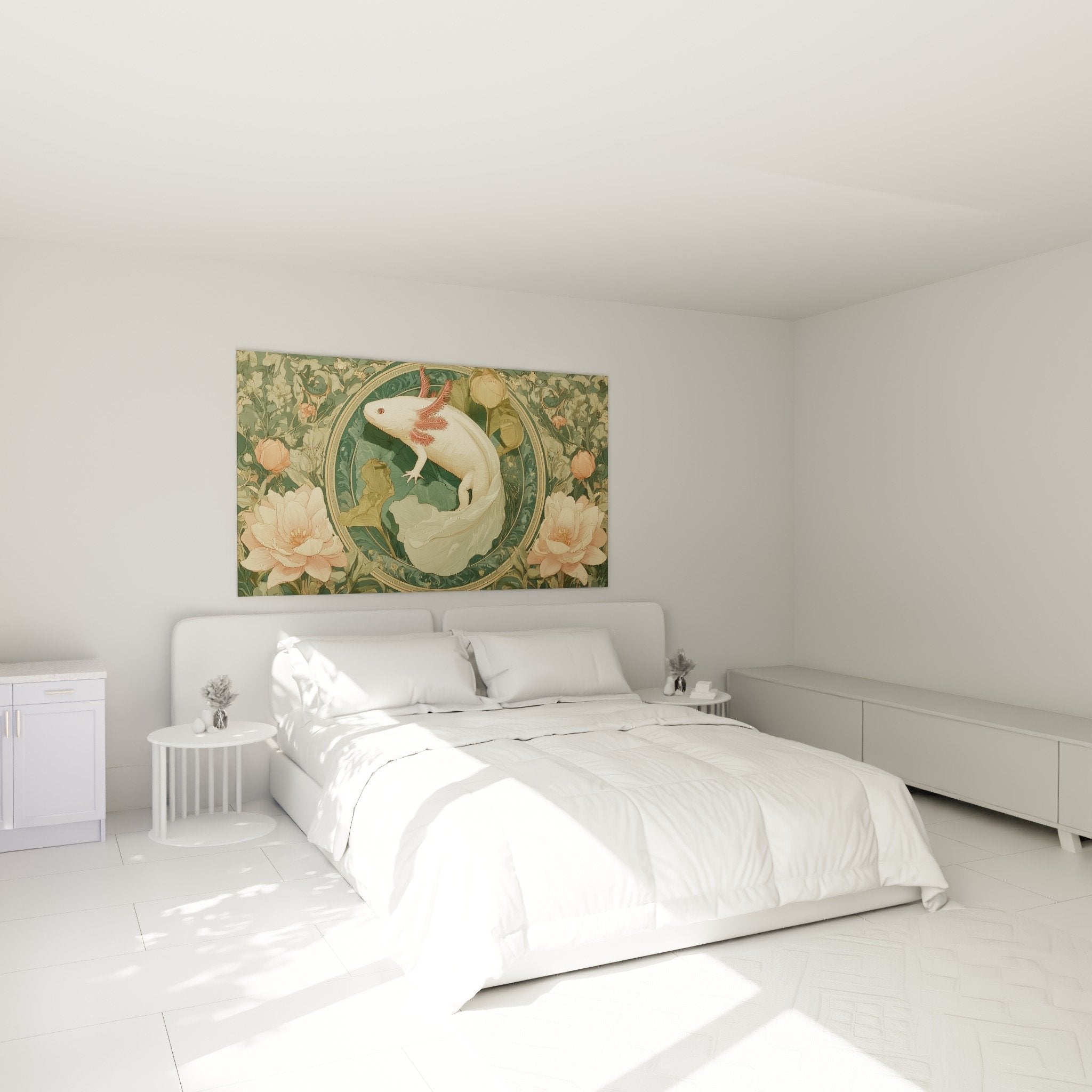 Décoration murale axolotl style naturaliste dans chambre aux tons doux et romantiques
