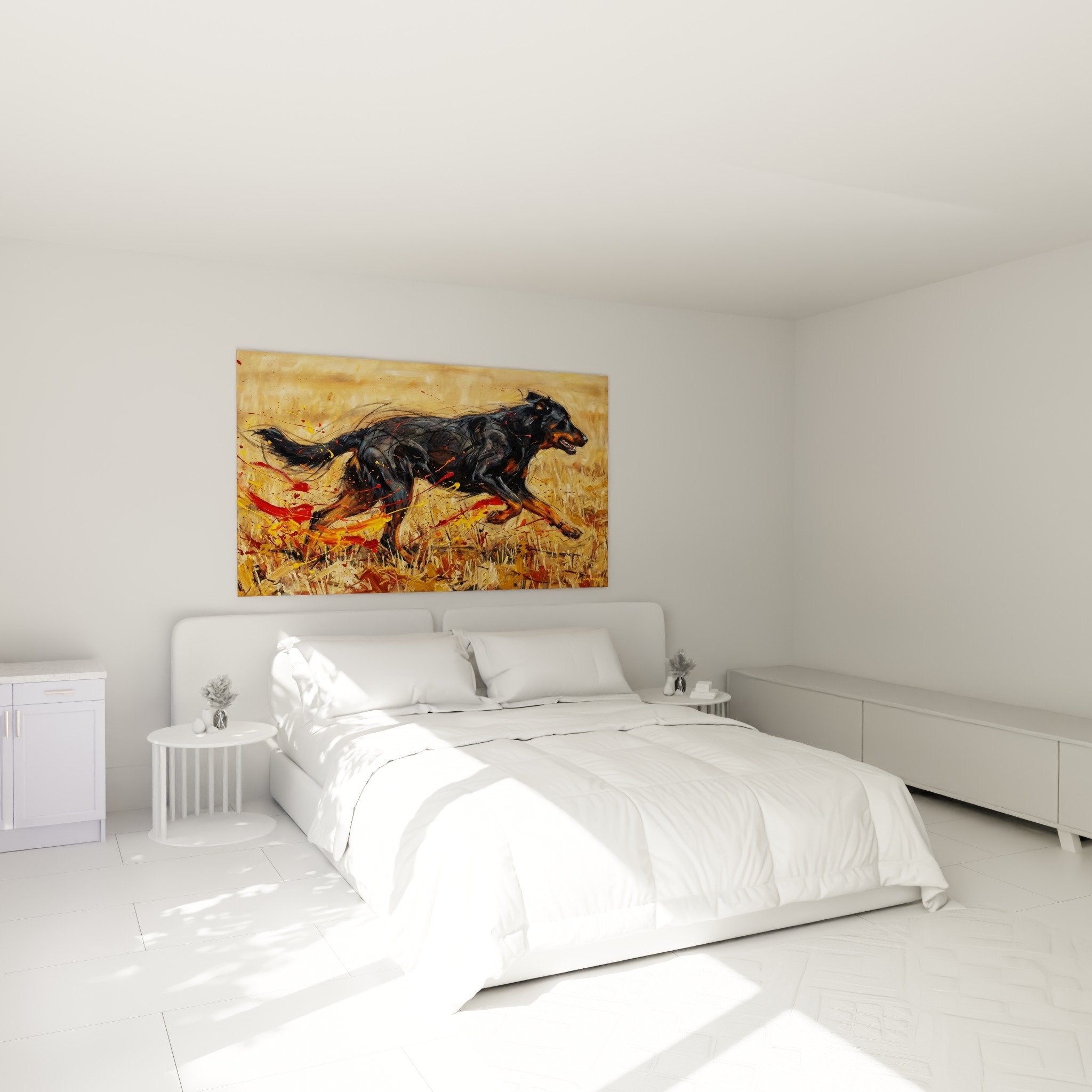beauceron dog wall decoration bedroom warm atmosphere golden tones