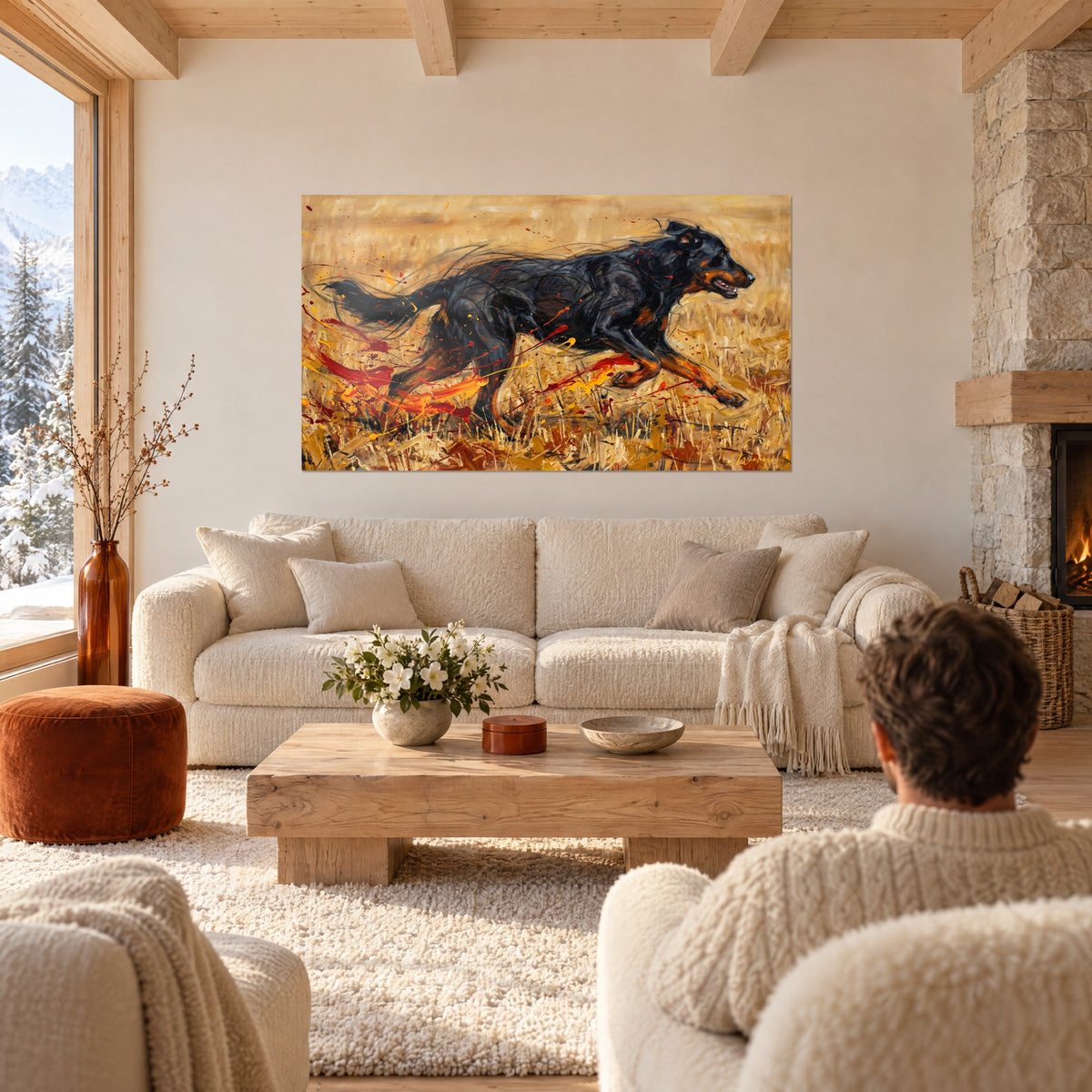 Cuadro de un beauceron negro saltando en un campo de trigo dorado, salpicaduras rojas, encima de un sofá en un salón luminoso