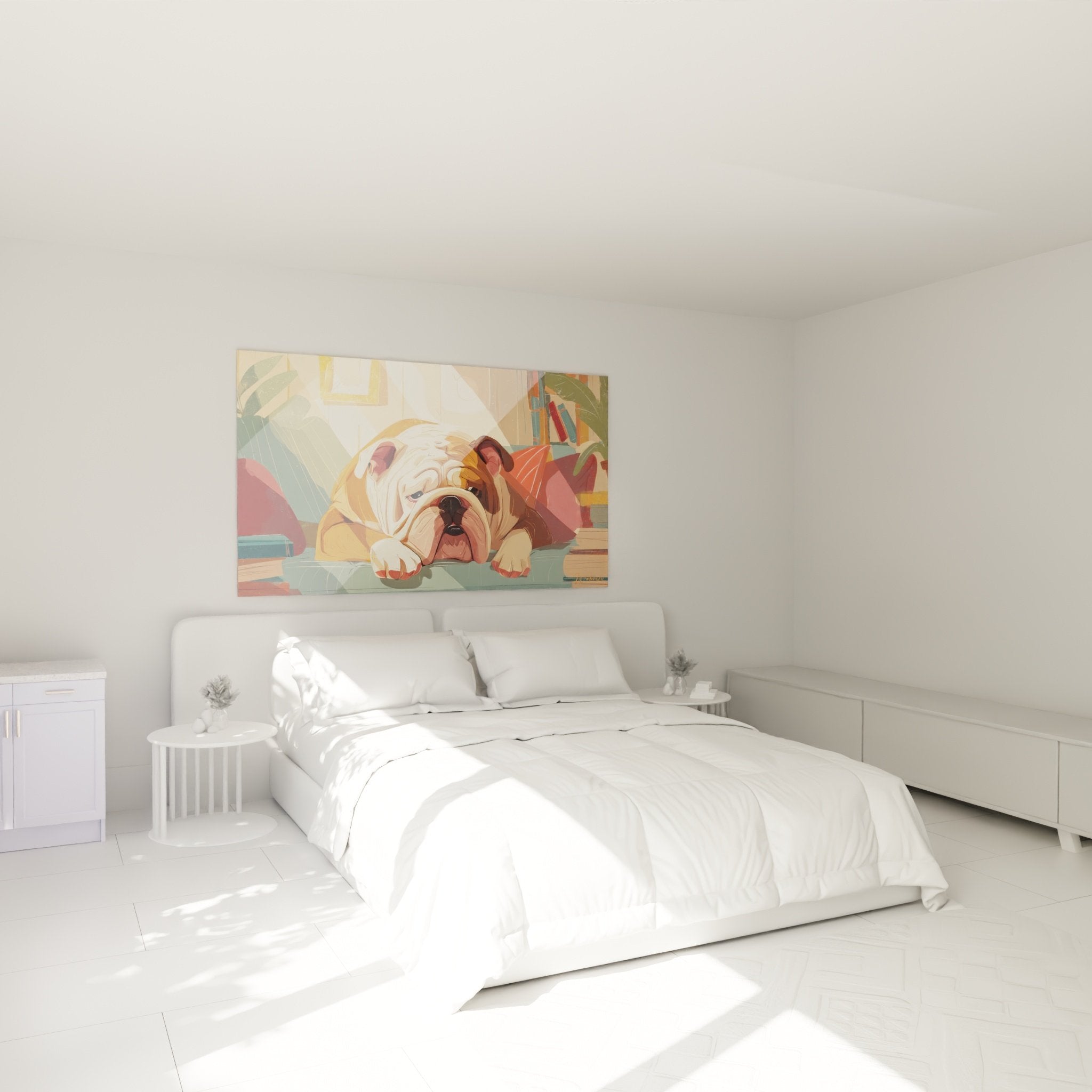 Décoration murale bouledogue repos chambre ambiance cocooning couleurs chaudes