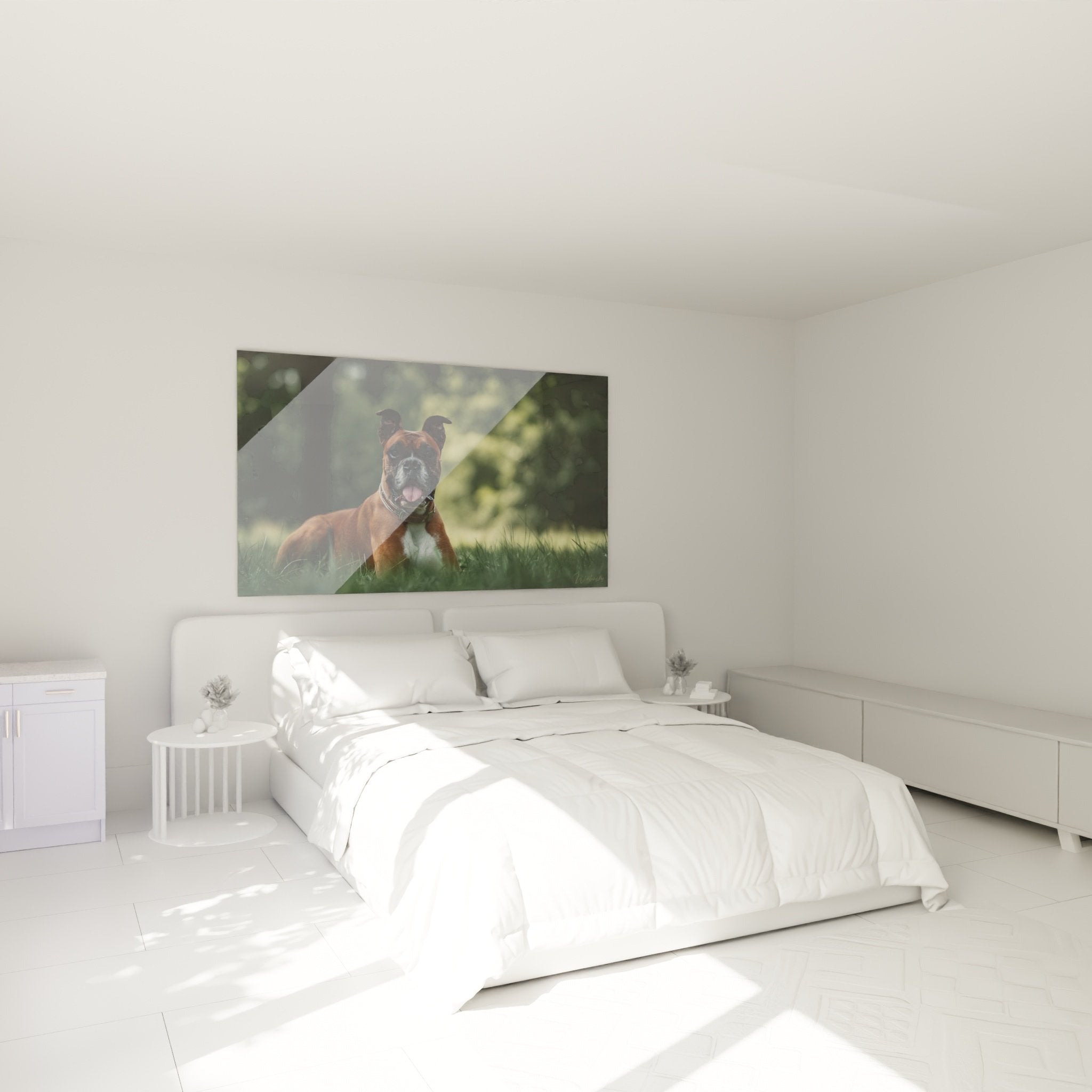 Decoration murale chien Boxer dans chambre moderne avec tableau portrait animal