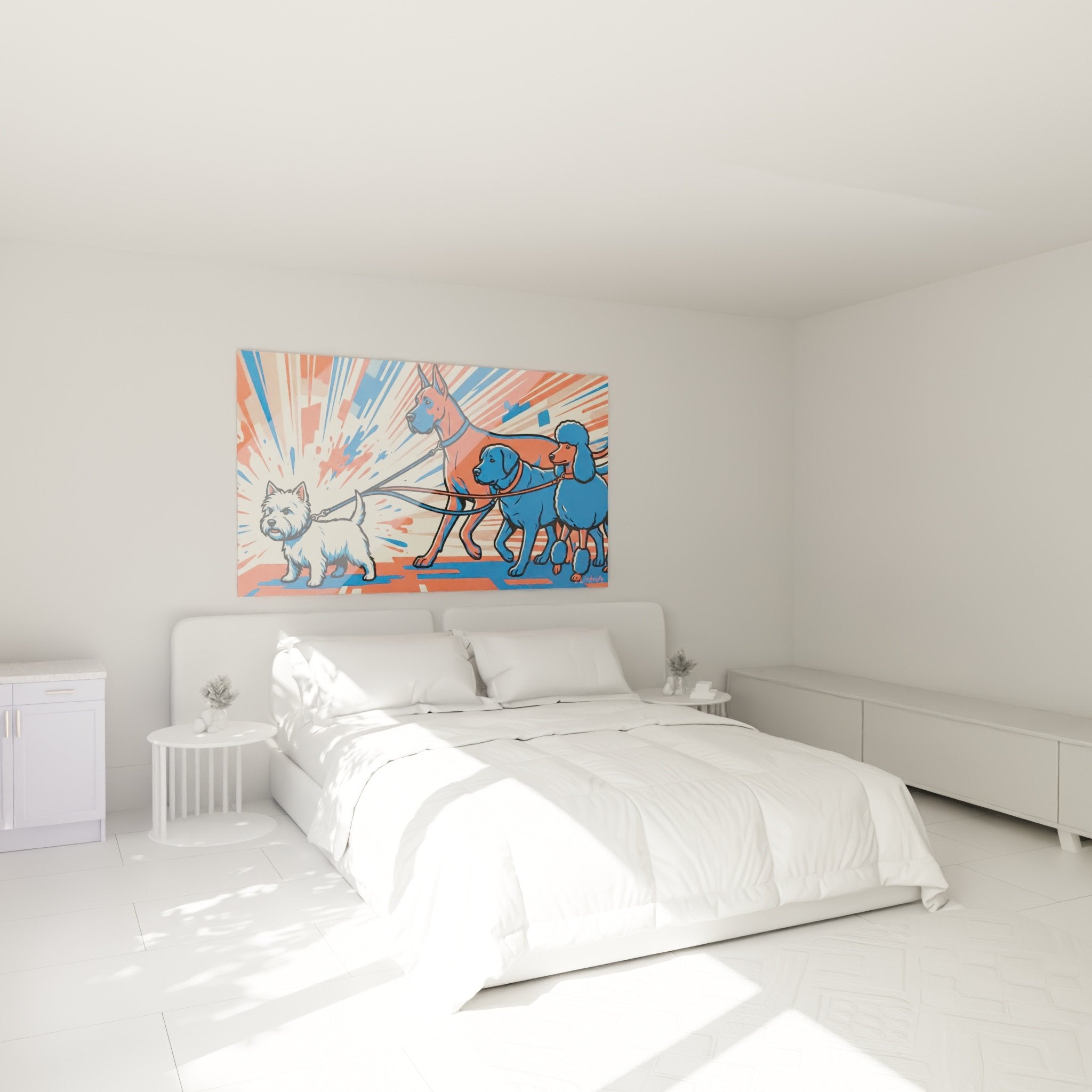 Mehrfarbige Hunde-Wanddekoration im Pop-Art-Stil in einem modernen Schlafzimmer mit neutralen Tönen und zeitgenössischen Möbeln