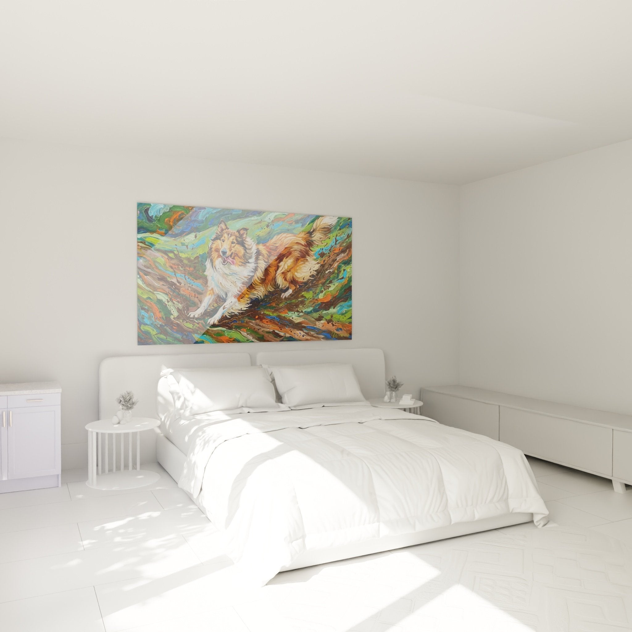 Decoration murale collie dynamique aux tons multicolores accroche au-dessus d'un lit dans chambre contemporaine
