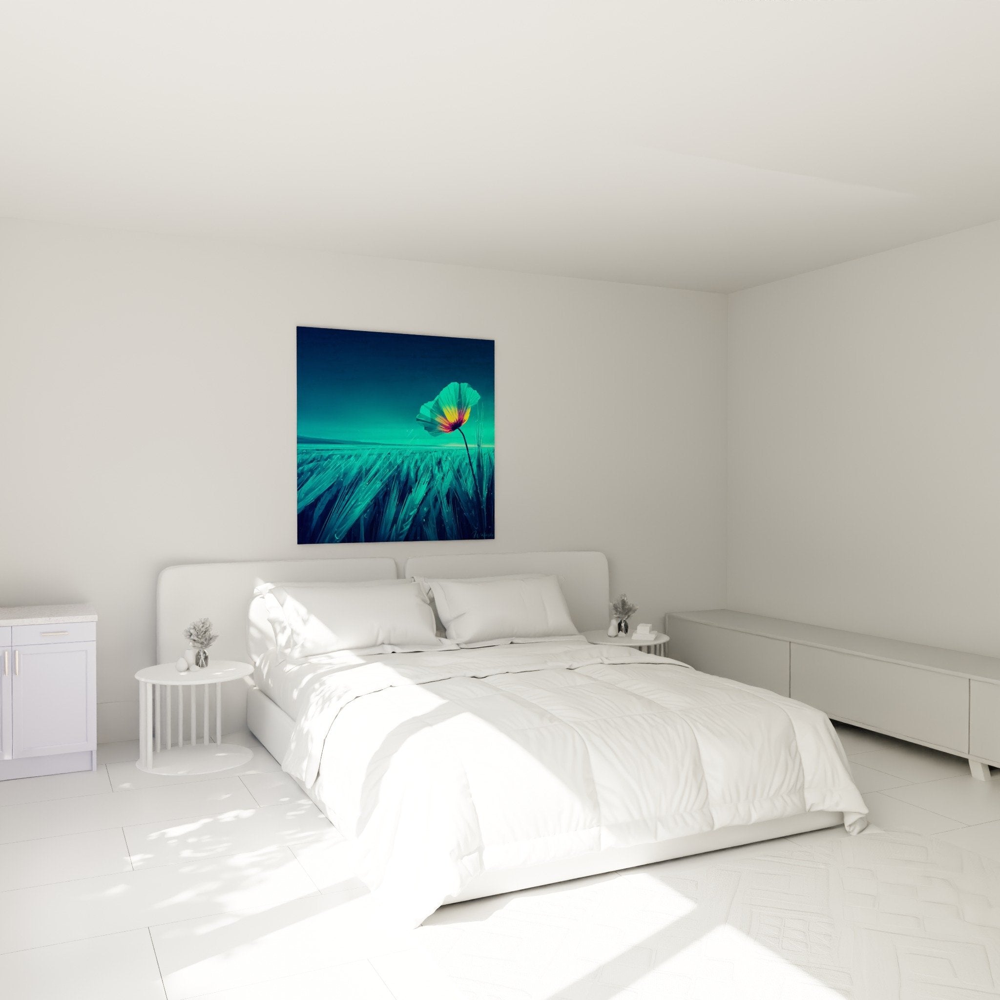 Colorful poppy wall decor in modern bedroom, soothing turquoise and multicolor atmosphere