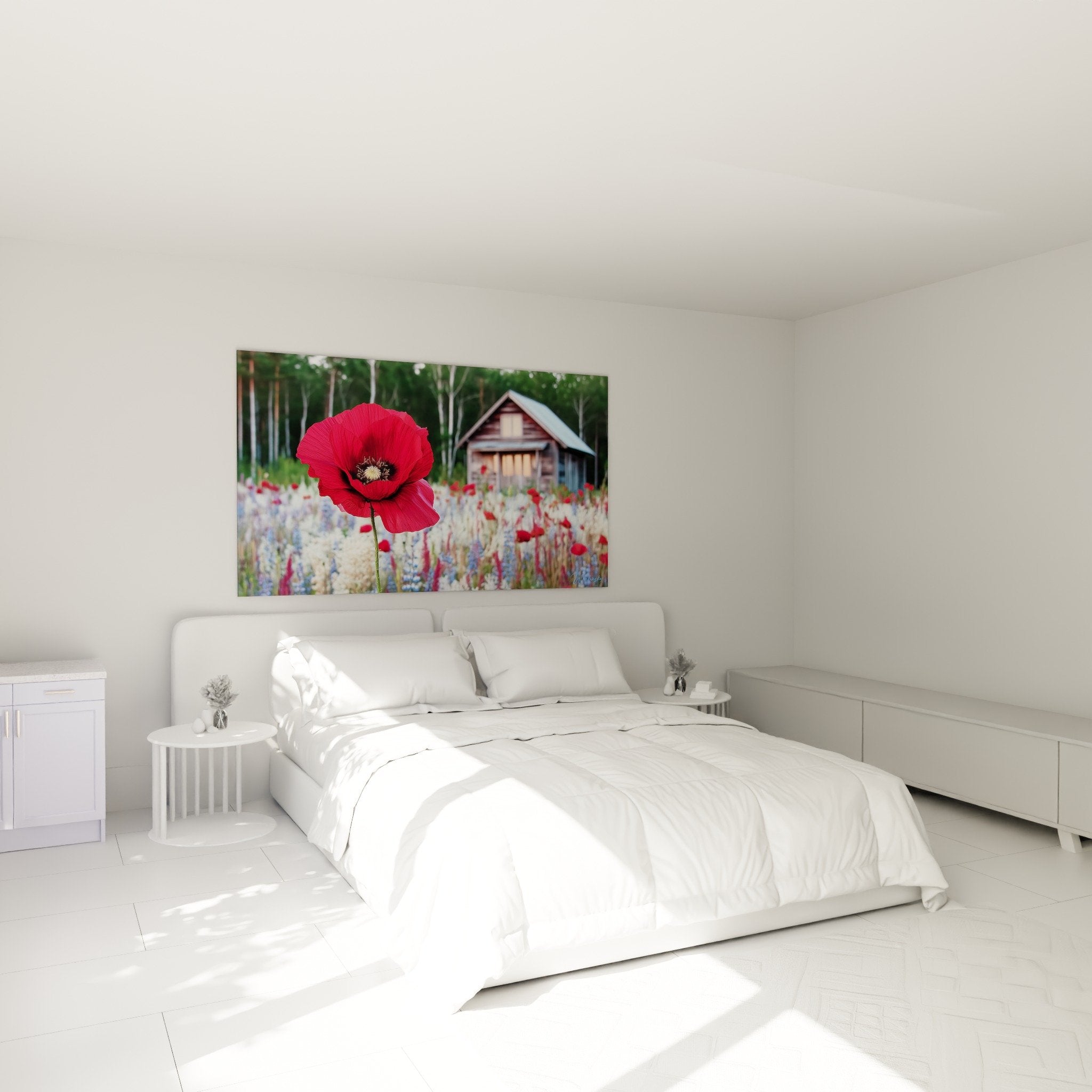 Decorazione murale papavero rosso prato colorato sopra letto camera stile natura autentico