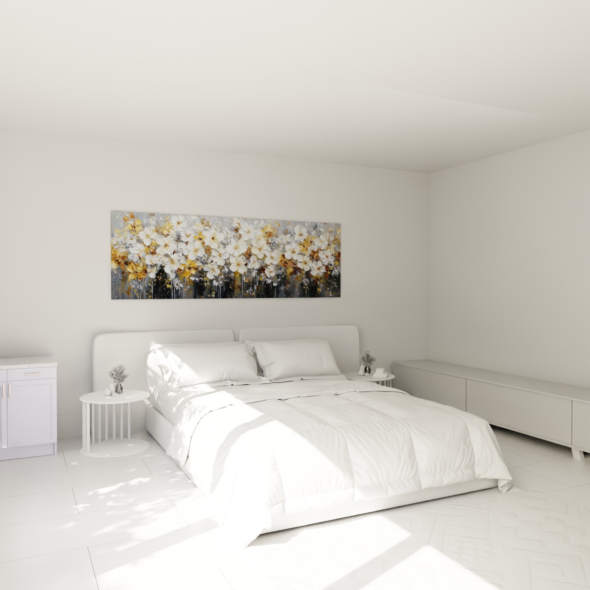 White and gold flower wall decoration bedroom zen feng shui west metal ambiance