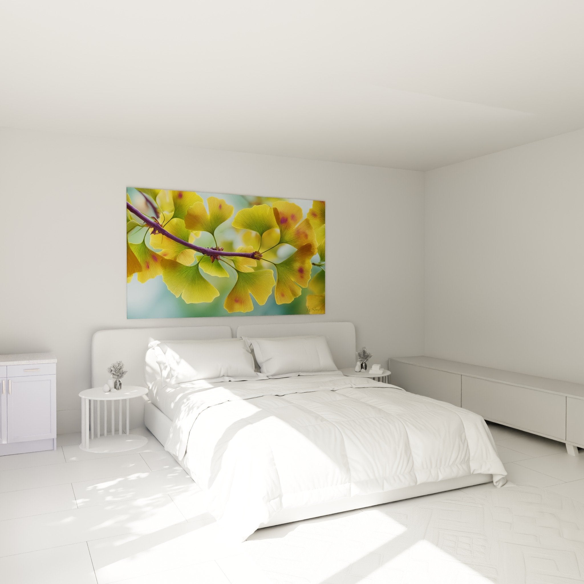 Wanddekoration Ginkgo Herbst in Gold- und Orangetönen in modernem Schlafzimmer mit zen und beruhigender Atmosphäre