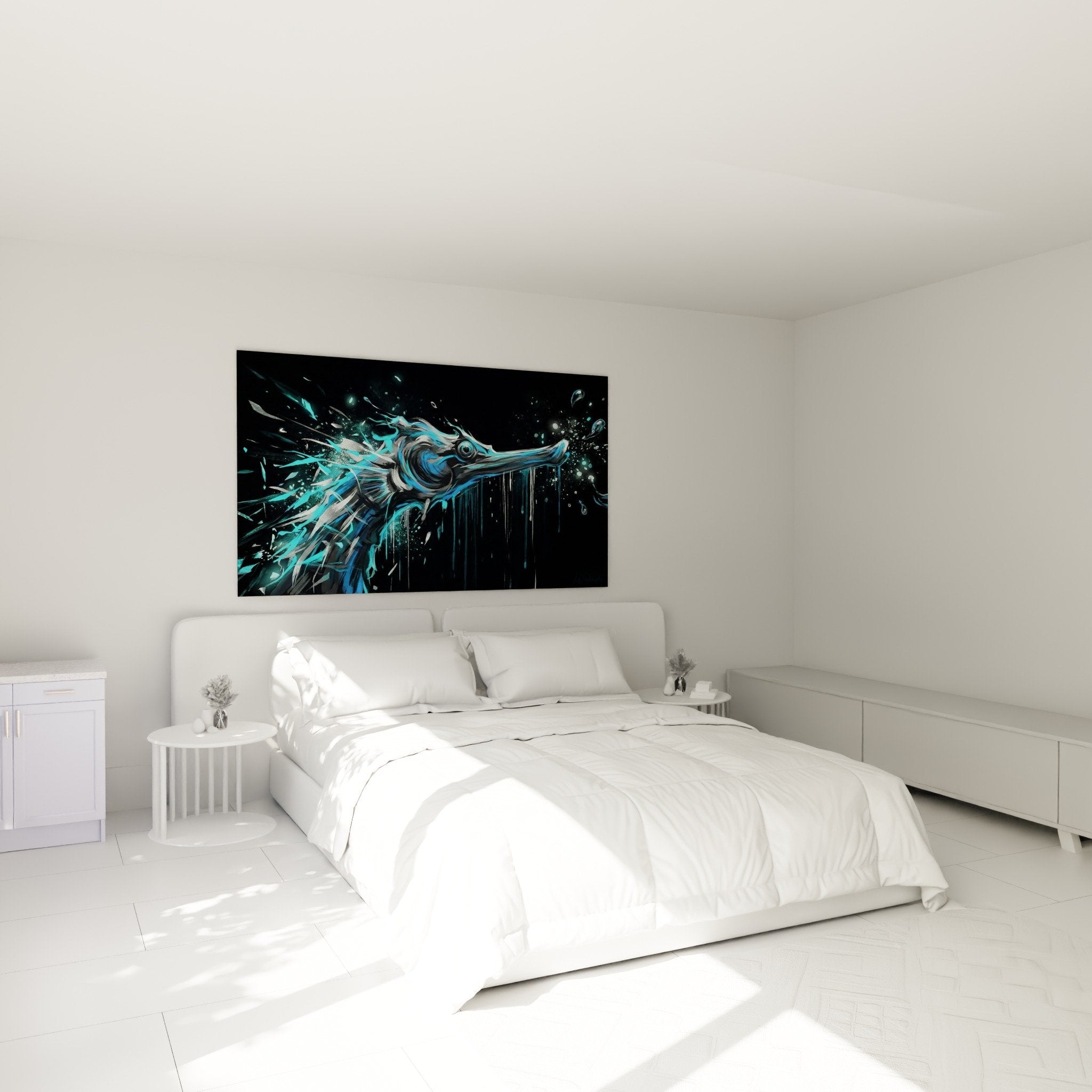Décoration murale hippocampe artistique turquoise dans chambre moderne design contemporain