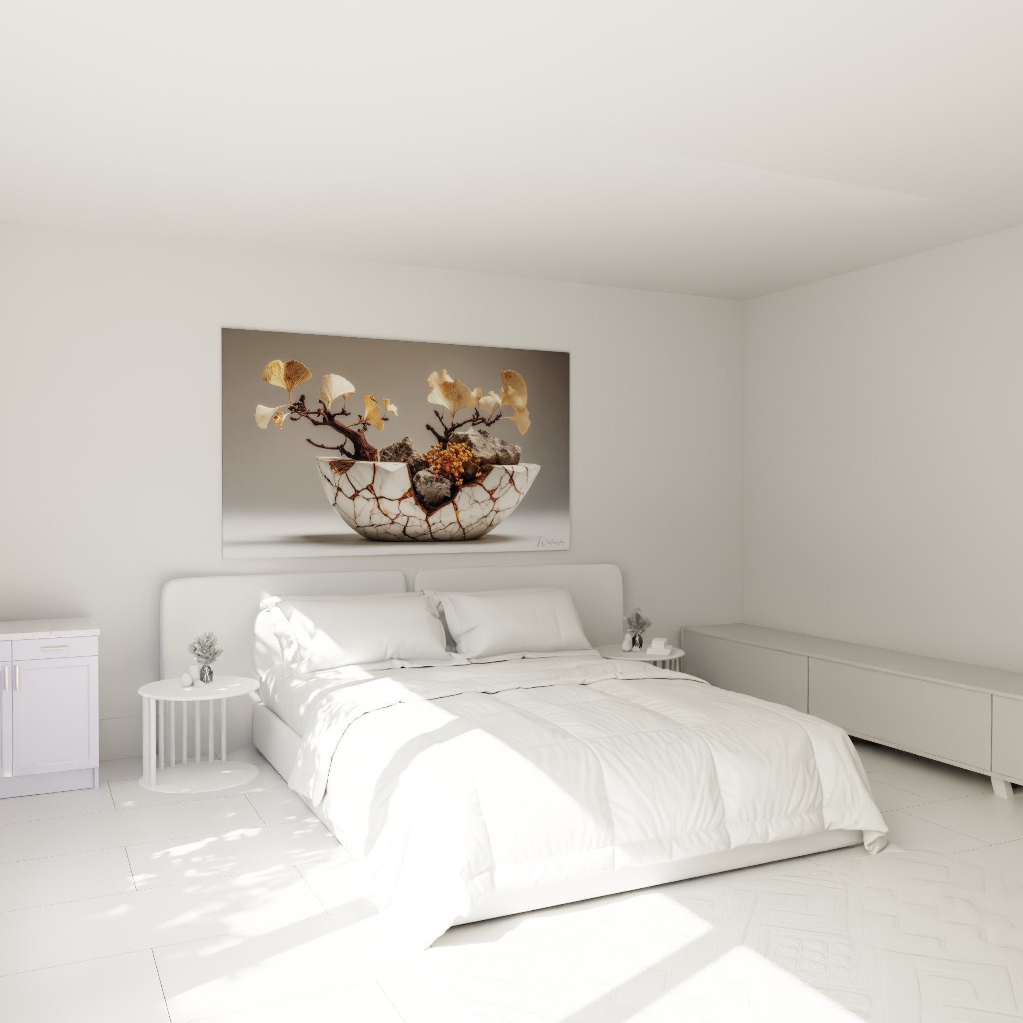 Ikebana wall decor zen bedroom golden foliage white marble bowl Japanese calming minimalist ambiance