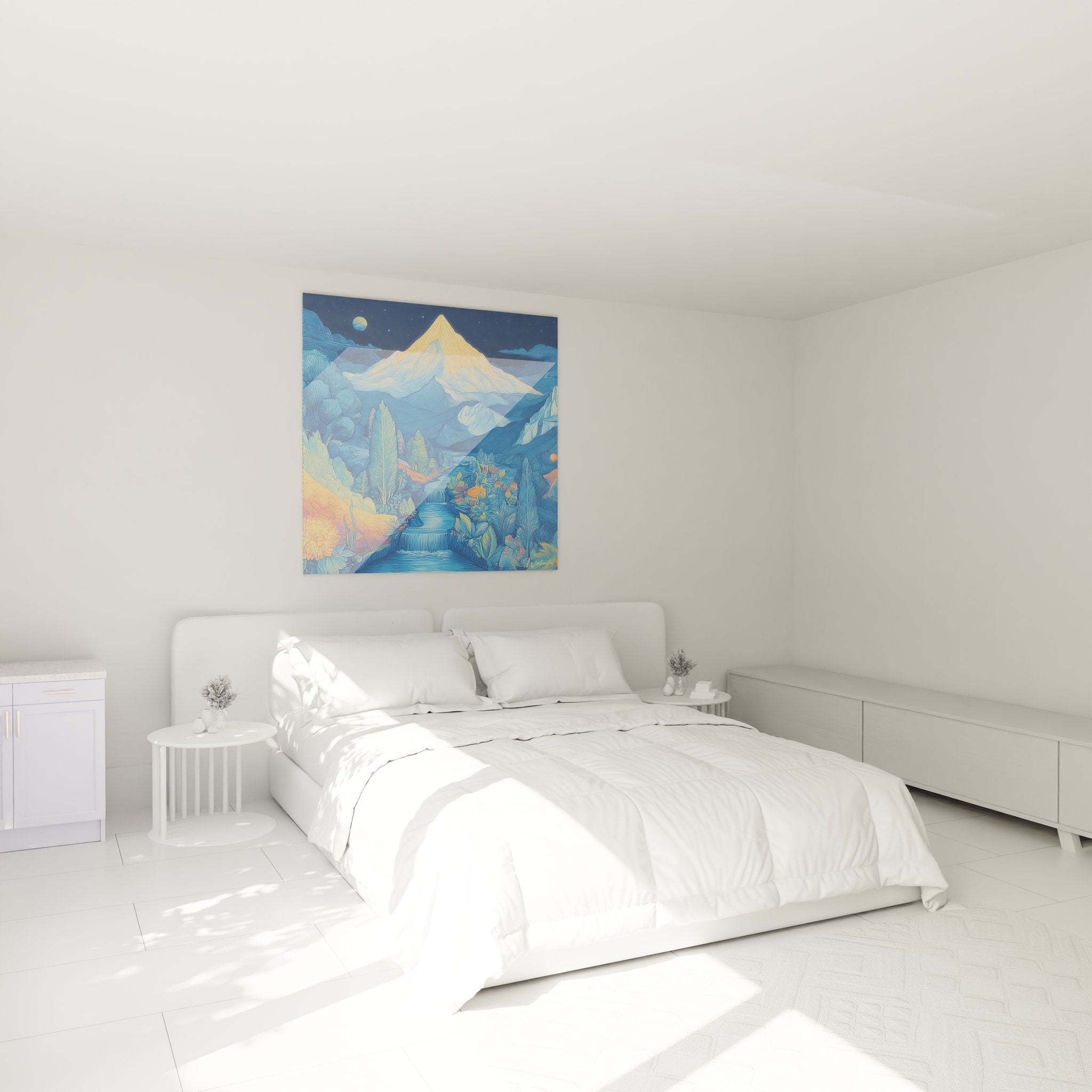 Mountain wall decoration in bedroom - stylized landscape artwork with waterfall and golden peaks