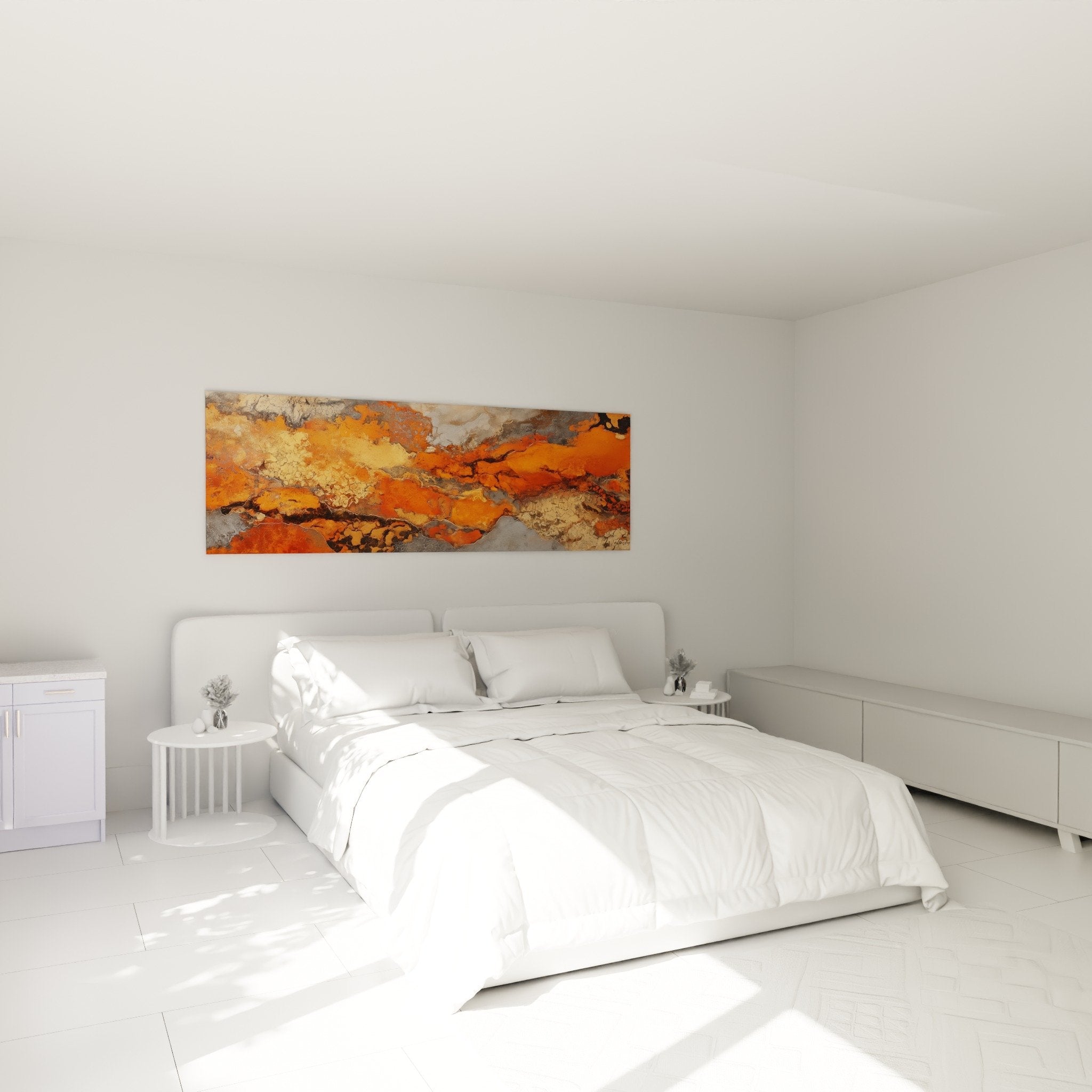 Decoration murale orange ocre dans chambre moderne ambiance chaleureuse feng shui centre terre