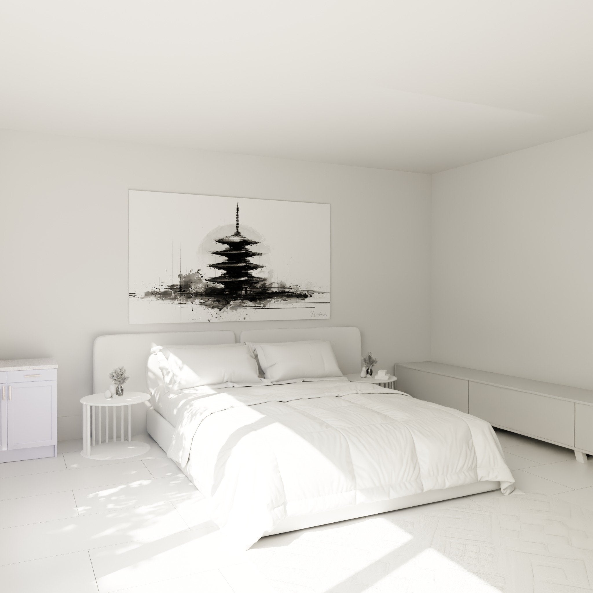 Décoration murale pagode zen noir gris dans chambre moderne style minimaliste japonais