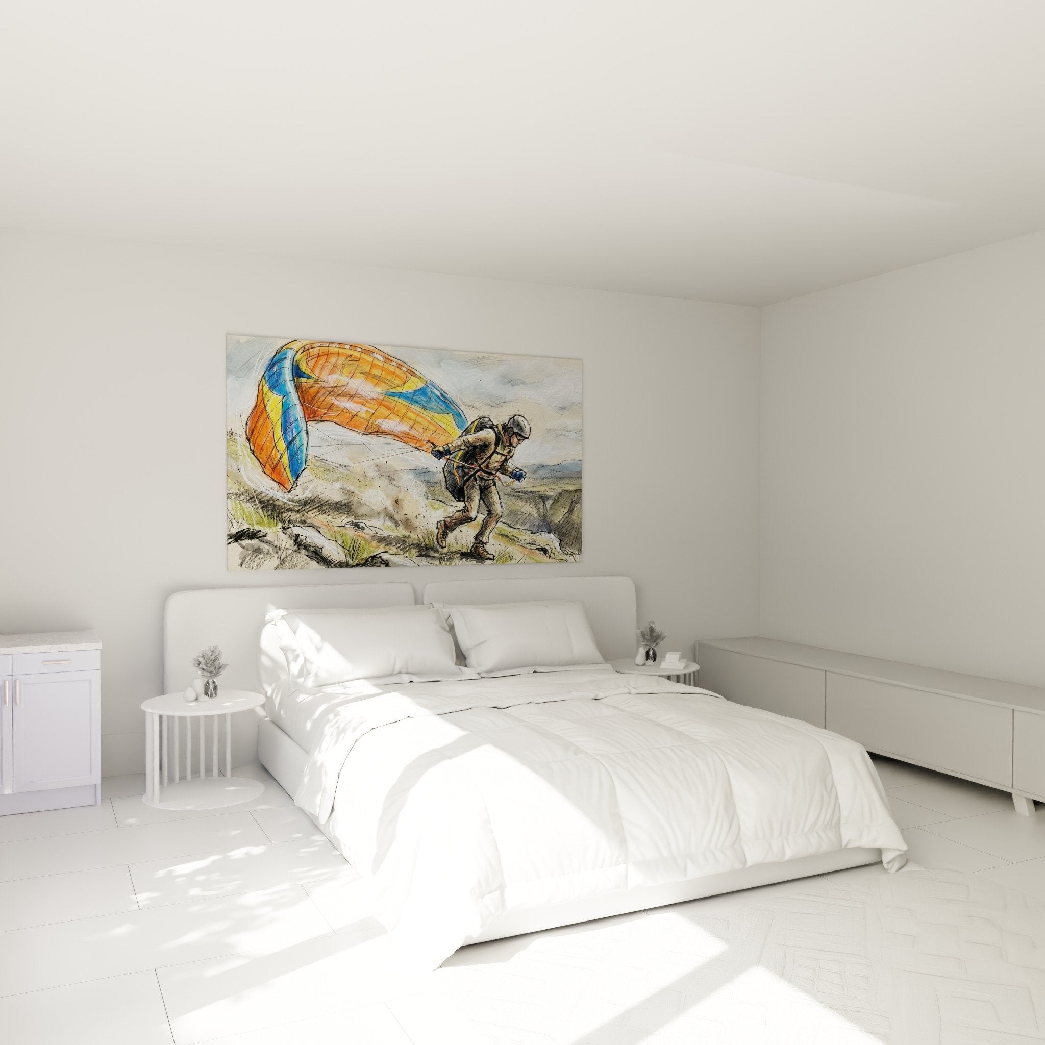 Wanddekoration Gleitschirm Pilotenzimmer orange blaue Segel Abenteuer Bergambiente