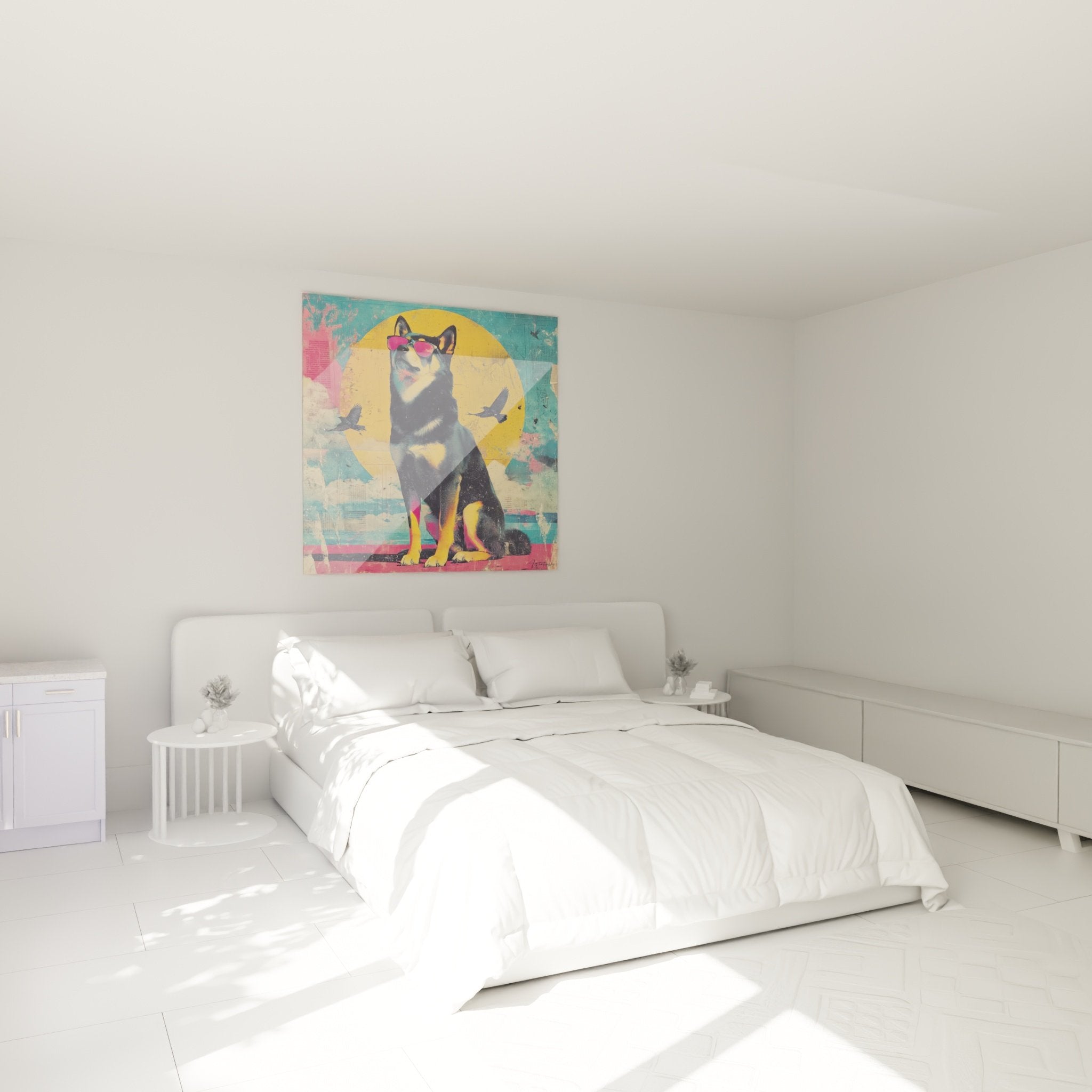 Shiba Inu Wanddeko mit rosa Brille im modernen Schlafzimmer mit neutralen Tönen und skandinavischem Design