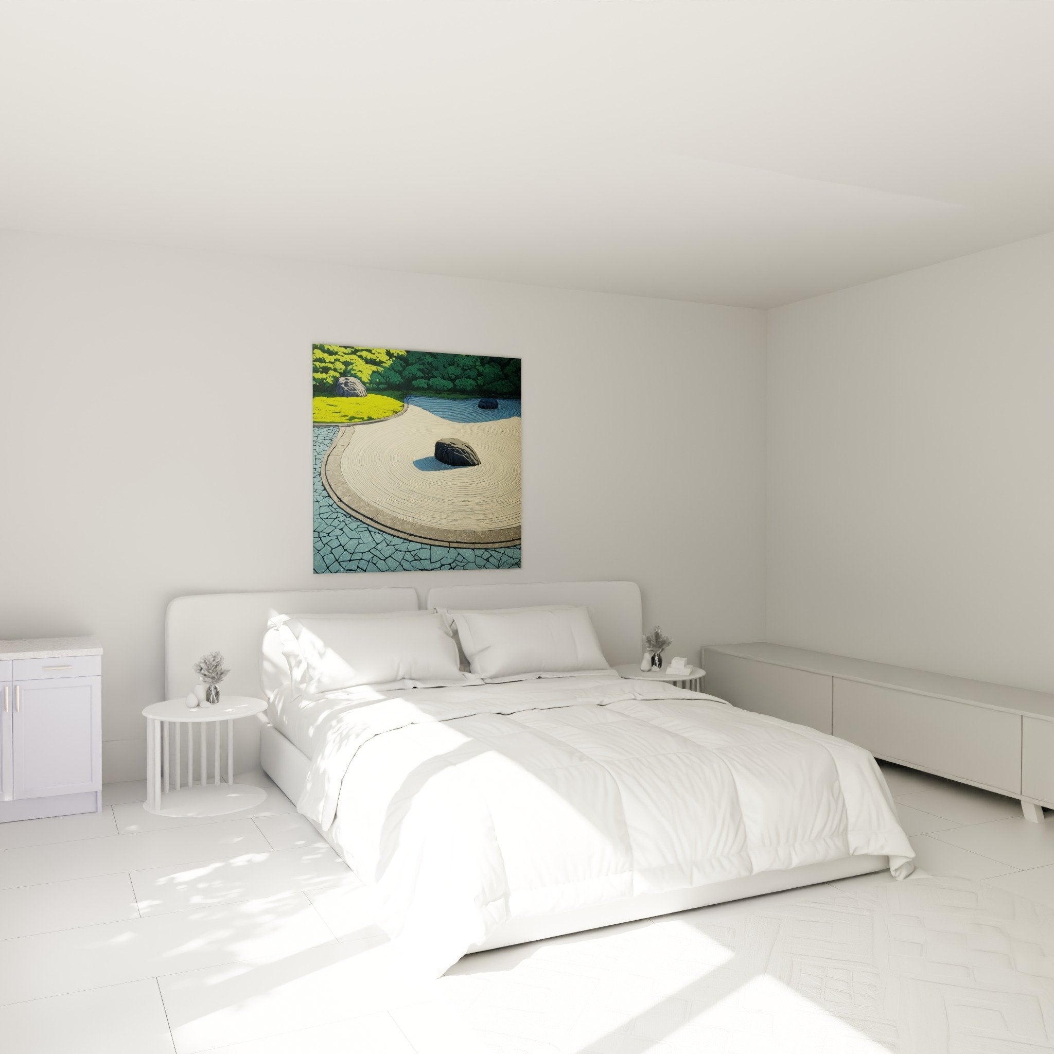 Decoration murale jardin zen sable ratisse chambre ambiance apaisante minimaliste contemporaine
