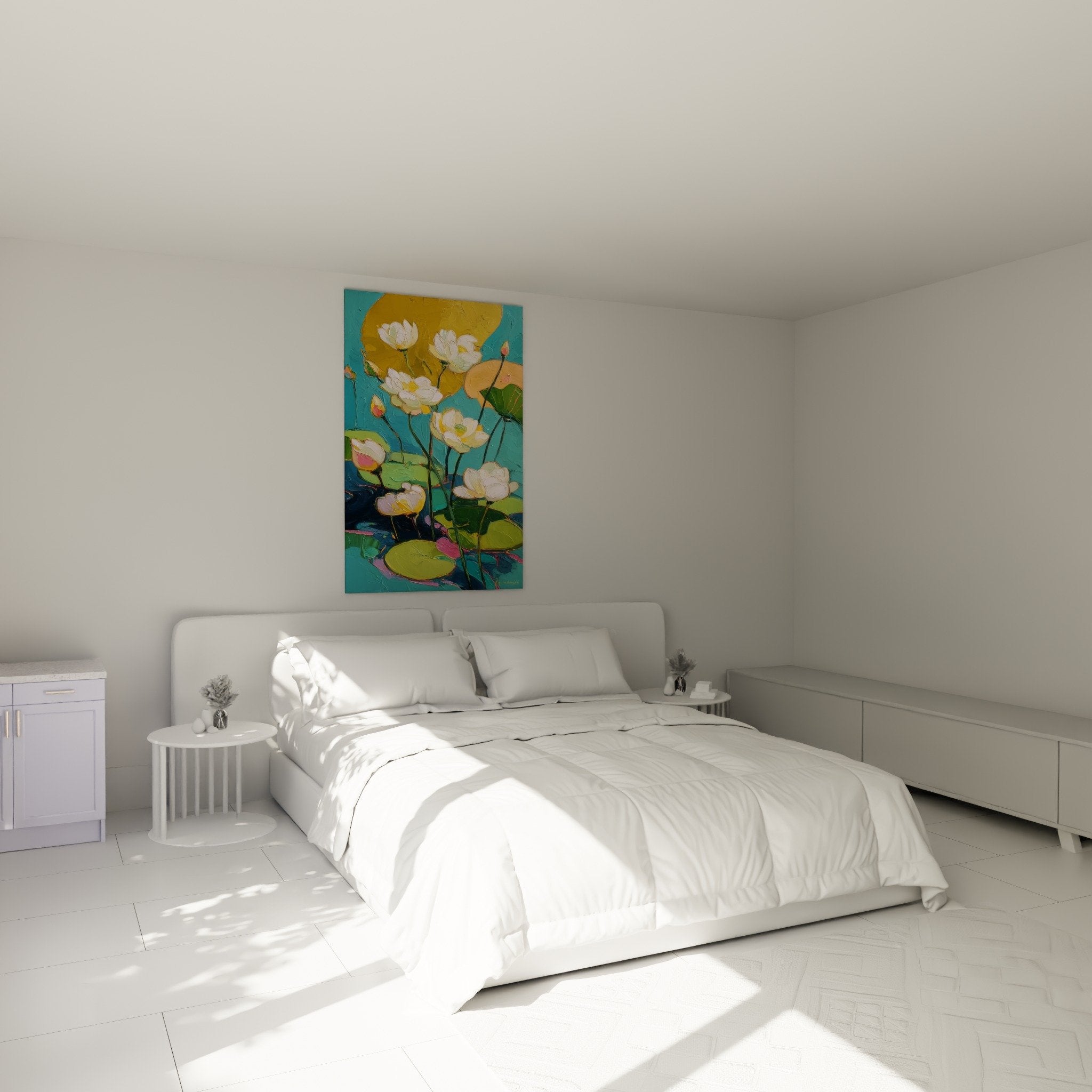 decoration murale nenuphar blanc turquoise chambre parentale ambiance zen relaxante