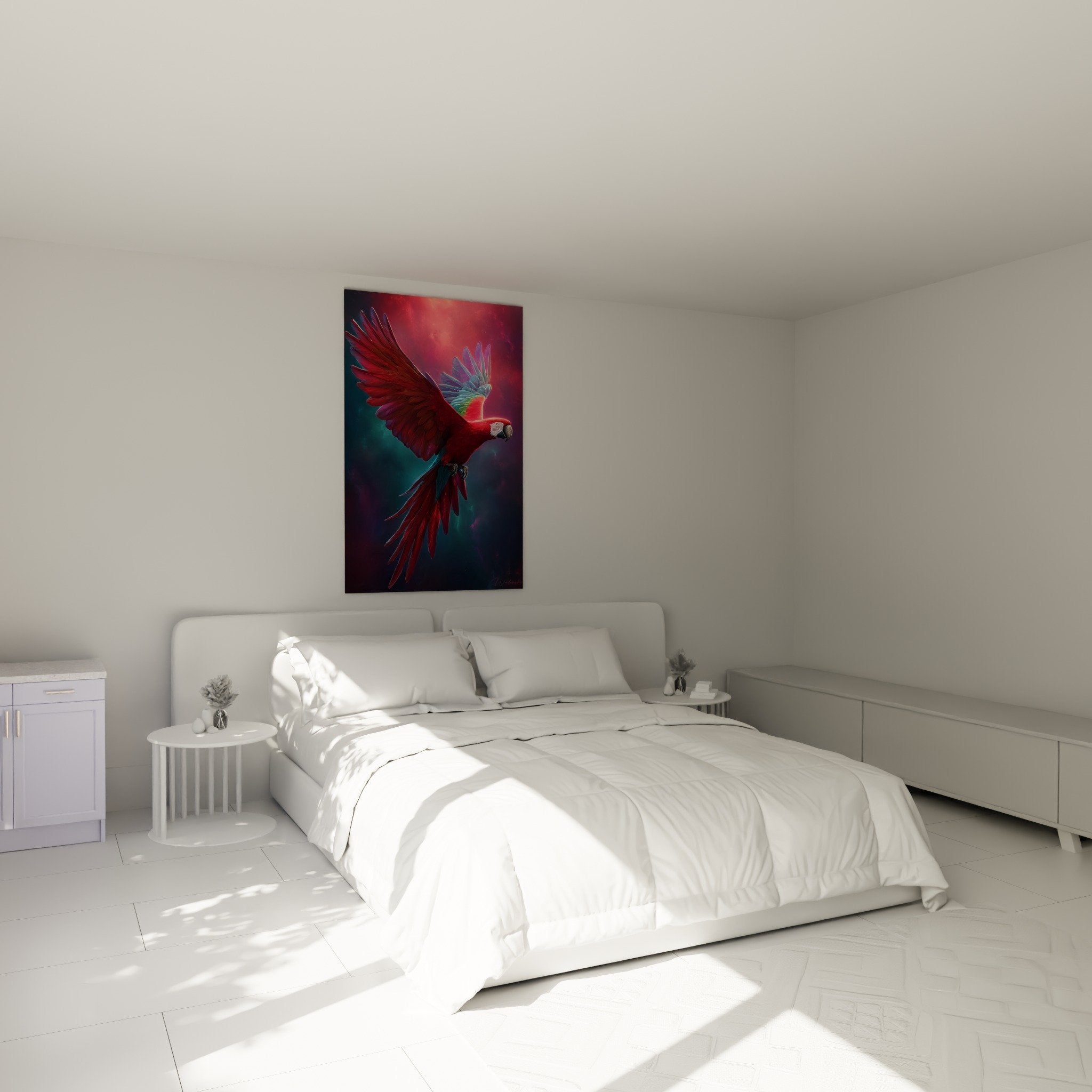 Red parrot wall decor in modern bedroom with soft lighting and contemporary furniture