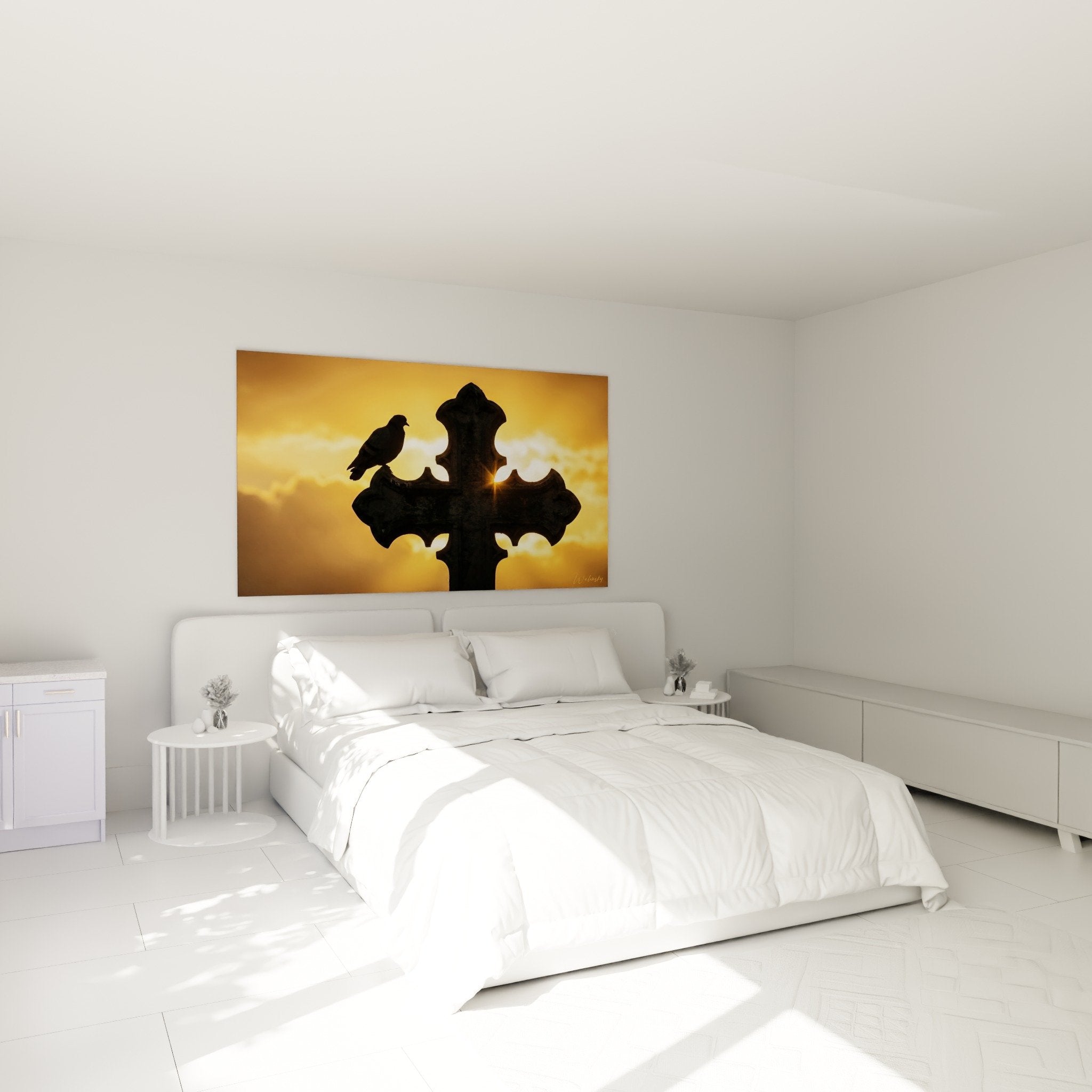 Wanddekoration Taube goldenes Kreuz warme Atmosphäre Schlafzimmer spirituell