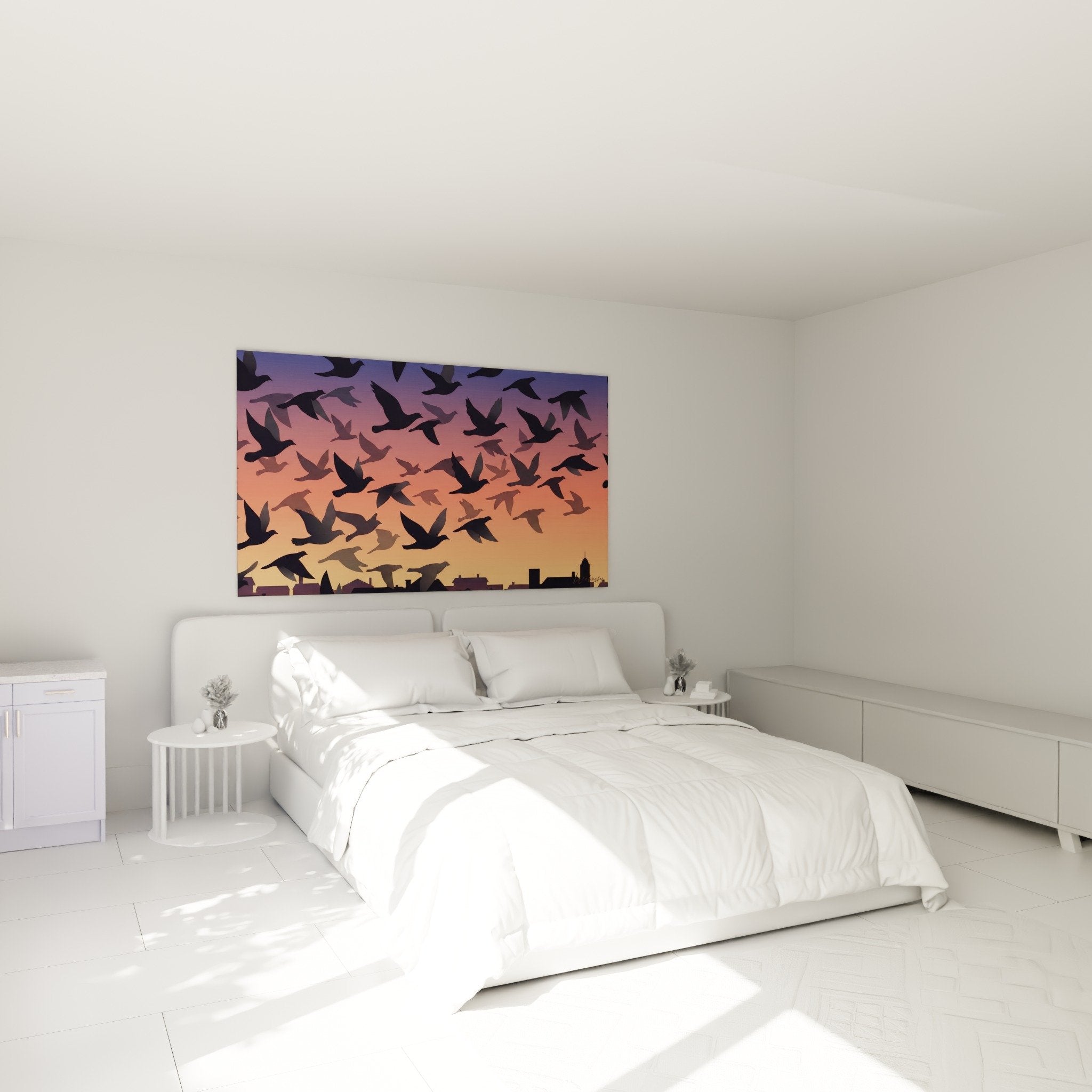Urban pigeons wall decoration twilight orange purple modern bedroom ambiance