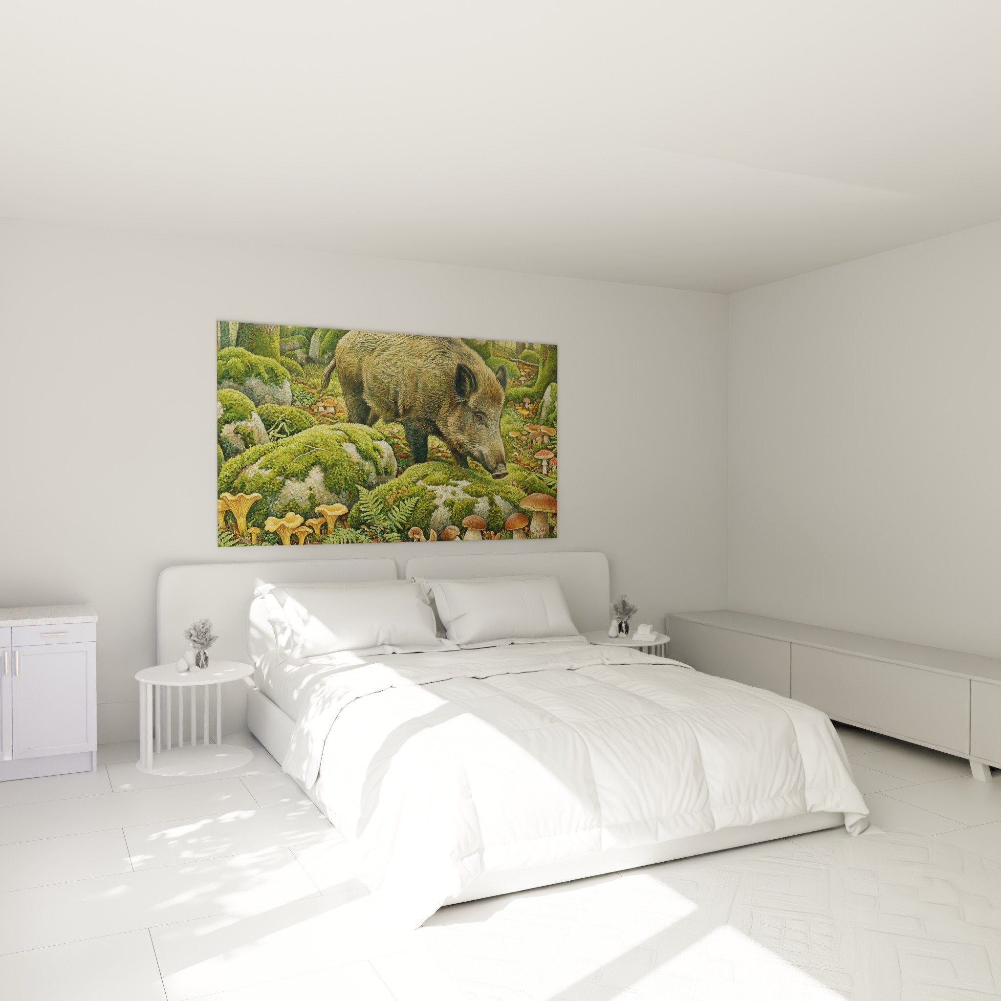 Wild boar forest mushroom wall decoration in bedroom with natural ambiance soothing green and gold tones
