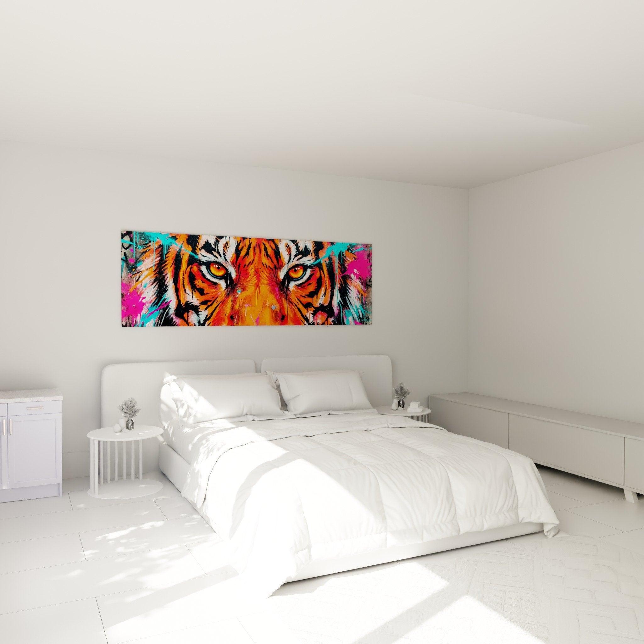 Decoration murale tigre neon fluo chambre moderne tableau orange rose lumineux