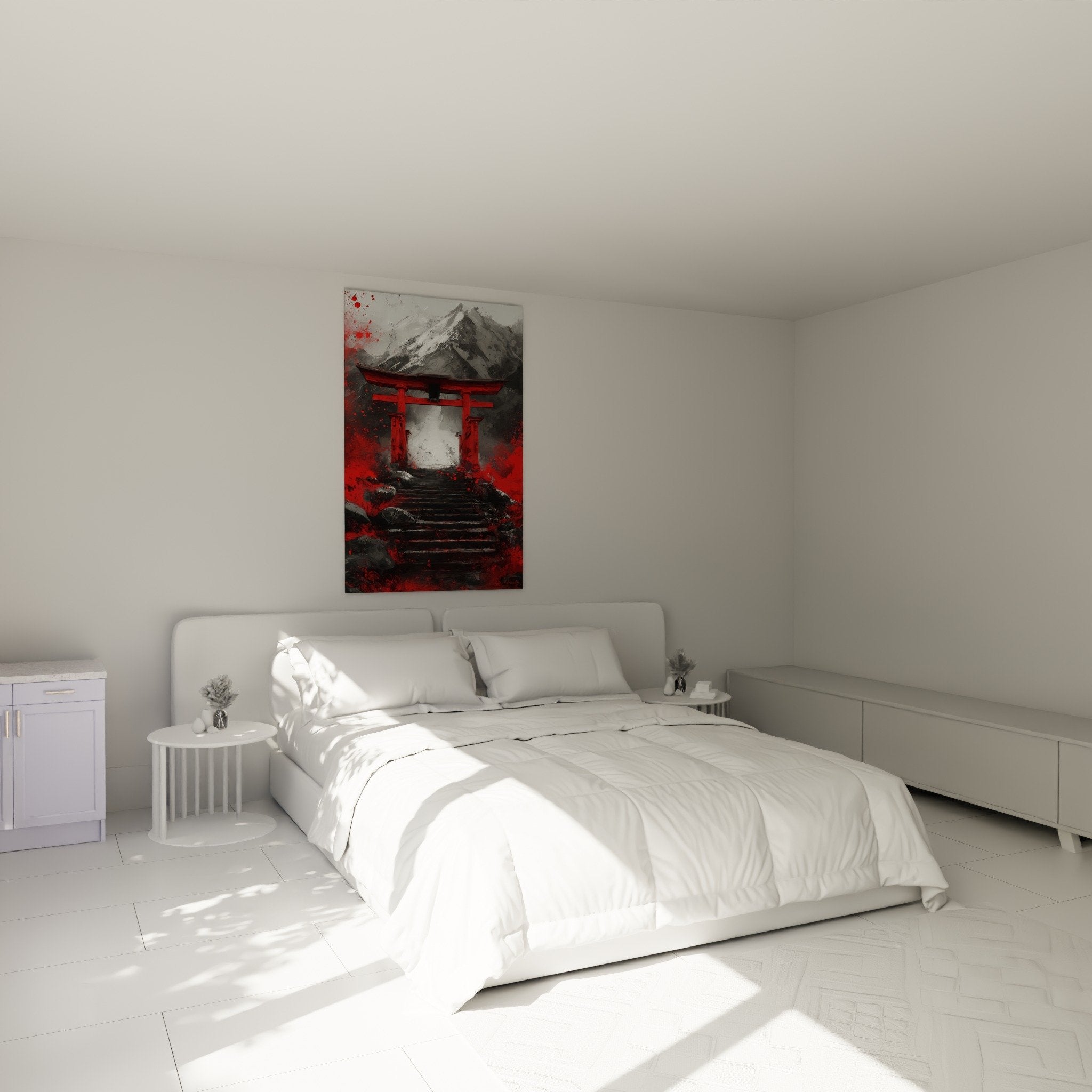 Blood red torii gate wall art modern bedroom Japanese zen style grey mountain