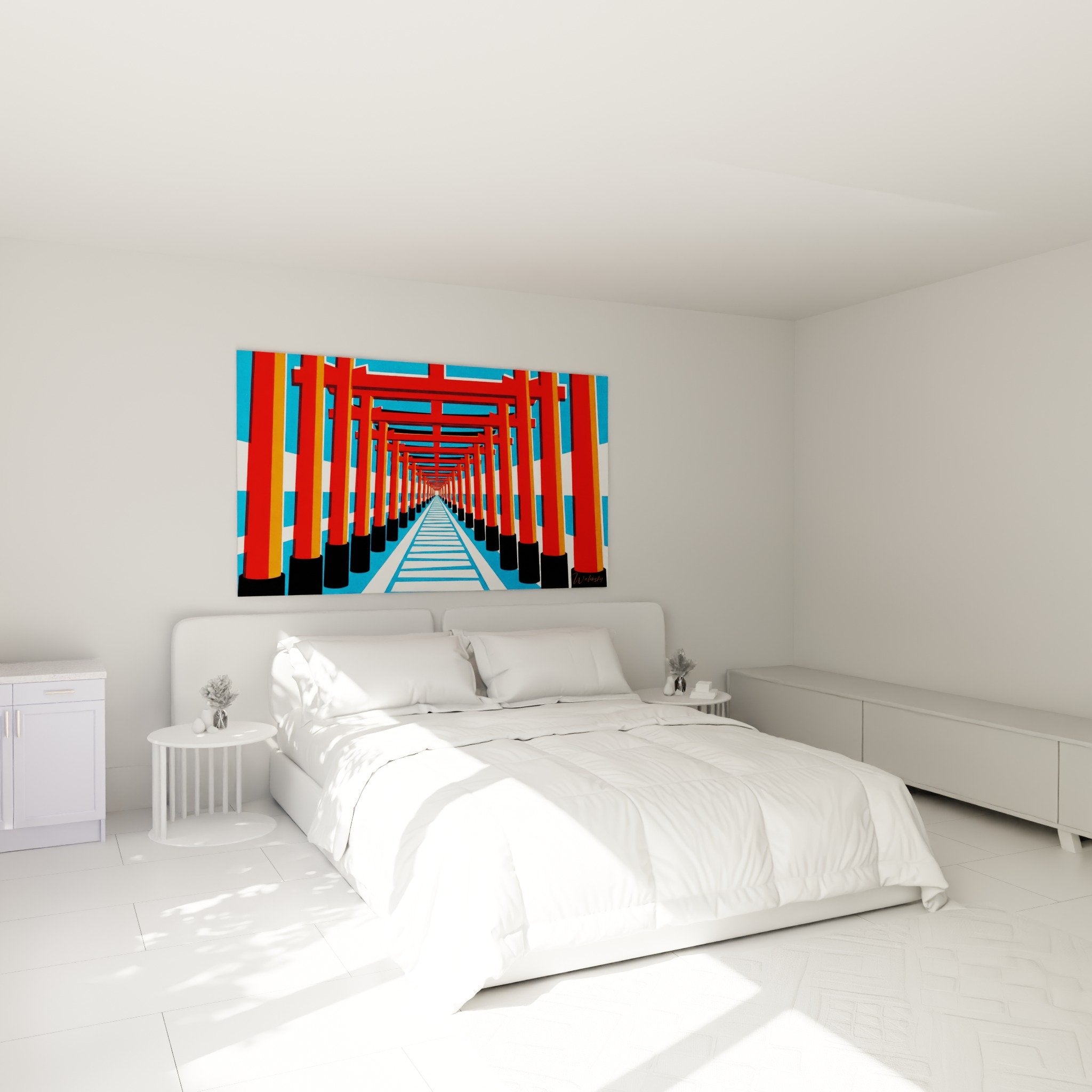 Wanddekoration Tunnel rot blau Perspektive modernes Schlafzimmer zen Atmosphäre buddhistische Tempel